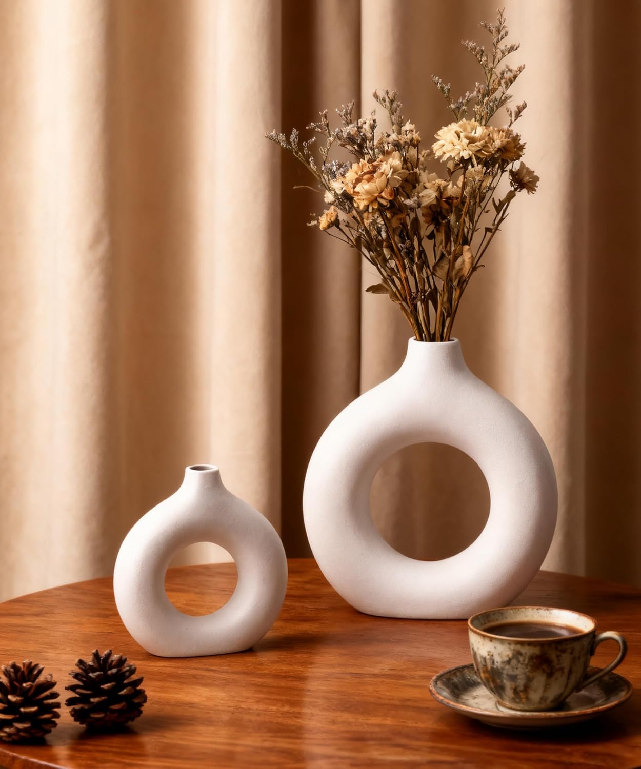 White Ceramic Vase Donut Home Decor Modern Farmhouse Round Matte Boho Style / Vt11 White / Set of 2