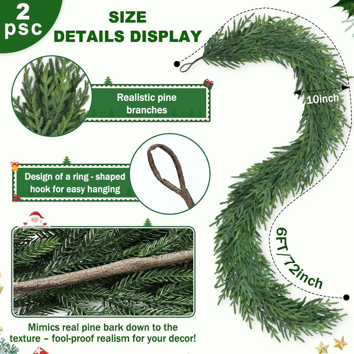 Artgar 12Ft (2 * 6ft) Christmas Pine Garland, 2 Pcs Real Touch Pine Garland | Artificial Realistic Greenery Garlands