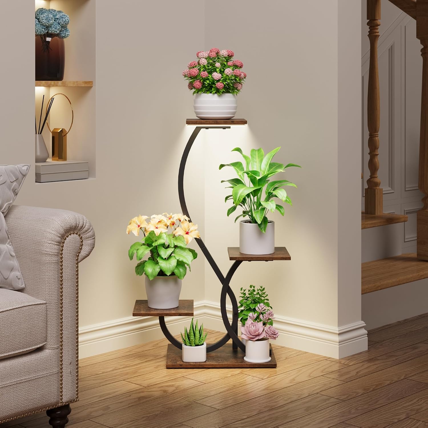 BACEKOLL Plant Stand with Grow Lights 4 Tier Metal Indoor Plant Shelf 32" | S-Shaped Corner Plant Stands Indoor, Grow
