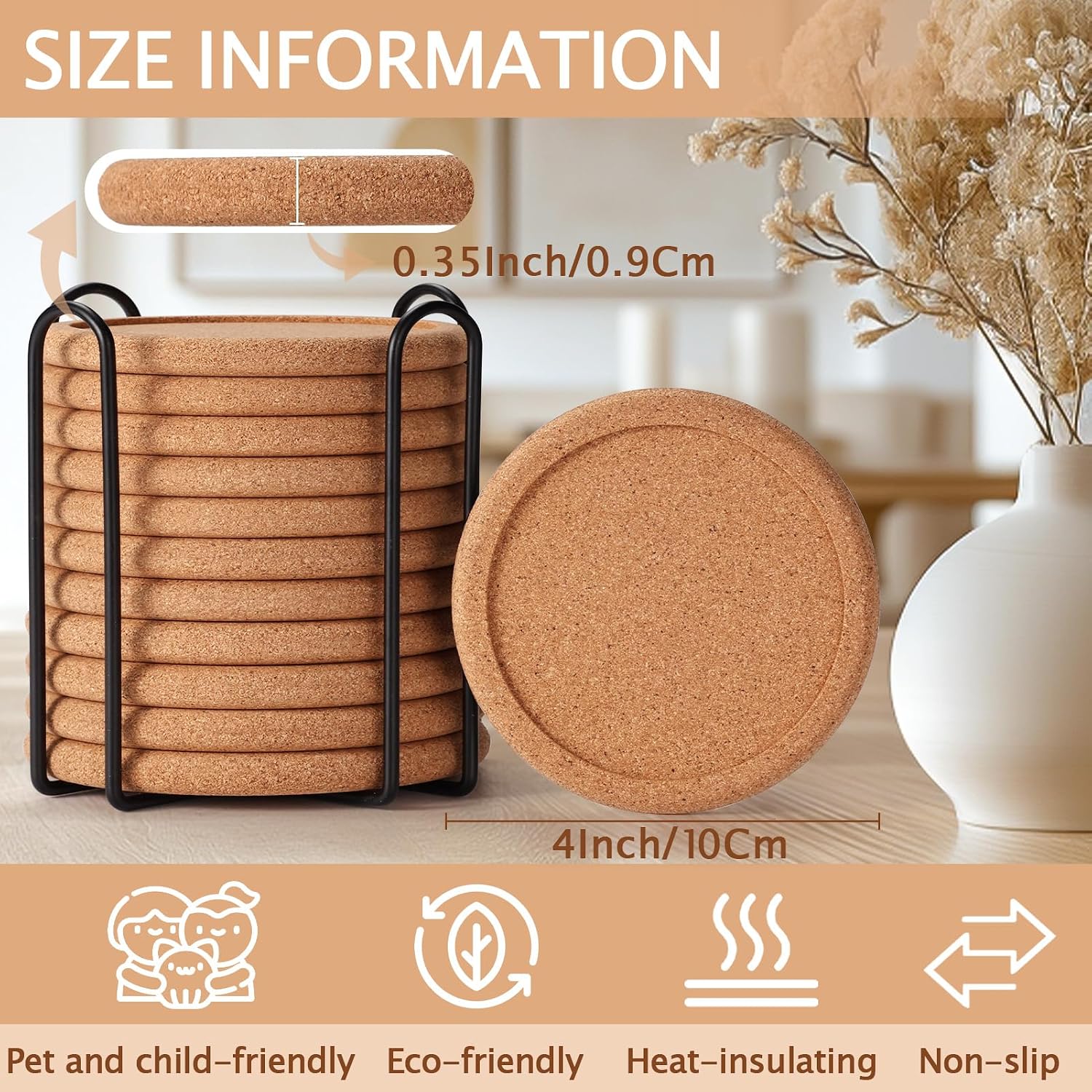 Metal Holder / Cork Coasters for Drinks / with Holder / Set of 12