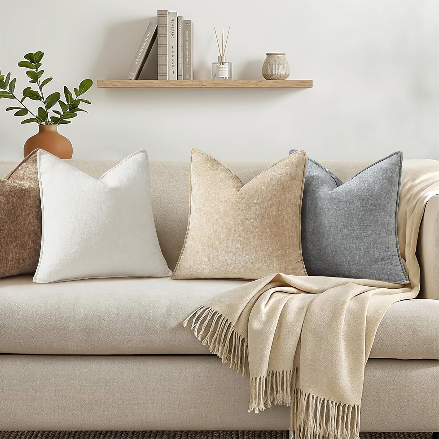 Decorative Soft Velvet Modern Chenille Lumbar Pillow / Natural Beige / 20 x 12 / Set of 2