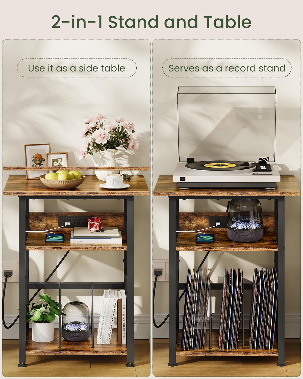 Record Player Stand with Power Outlet, Vinyl Record Storage Side Table, 19" Large Tabletop, Charging Station & Crossed