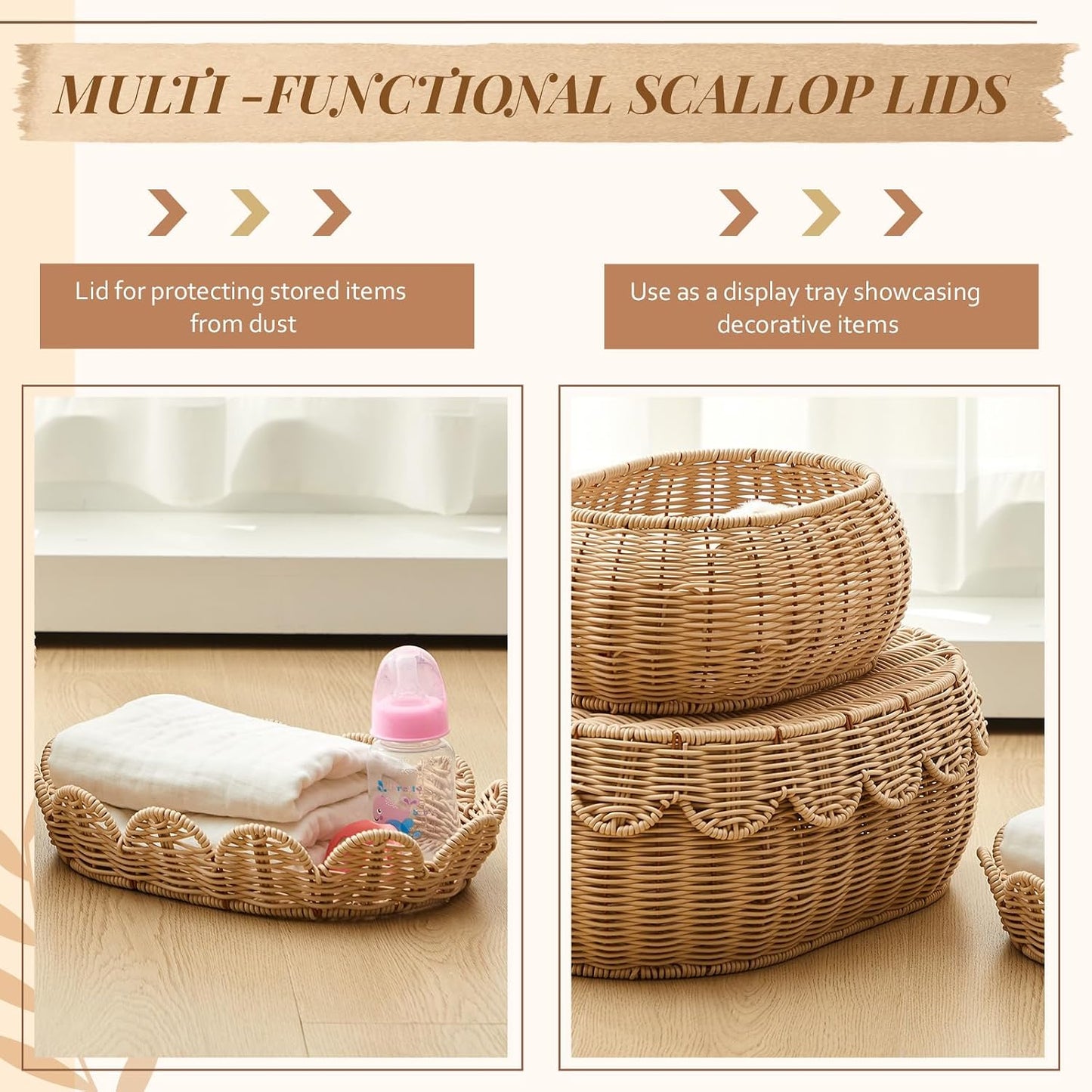 Scalloped Rattan Baskets / Natural / Small, Medium / Set of 2