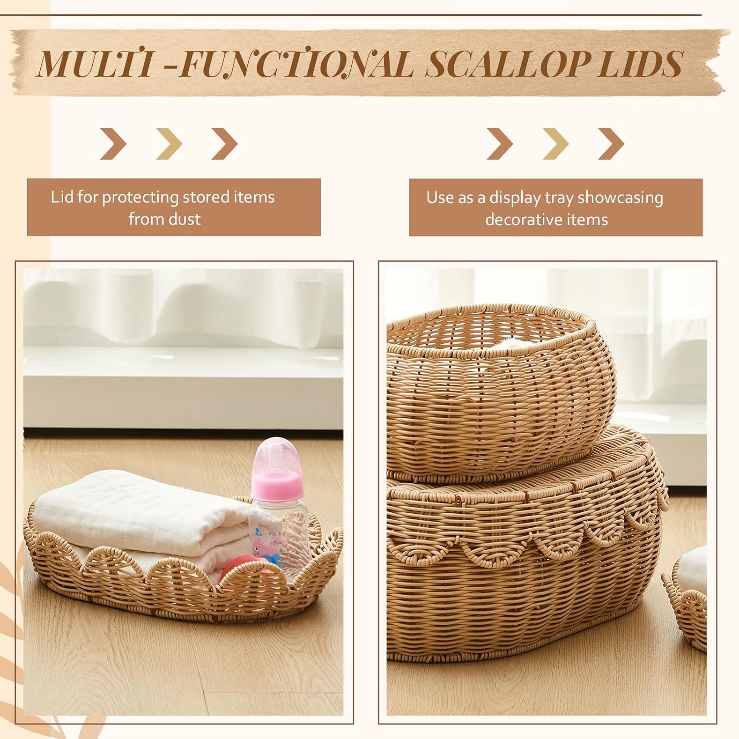 Scalloped Rattan Baskets / Natural / Small, Medium / Set of 2