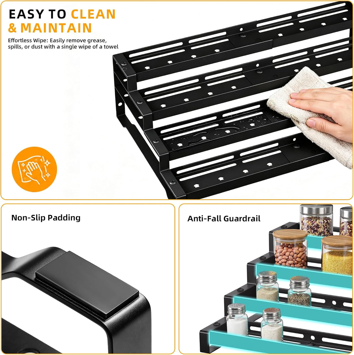 Spice Rack Organizer for Cabinet, 13-21.5" Expandable Spicy Shelf | 11.6" Depth 4-Tier Black Metal Seasoning Organizer