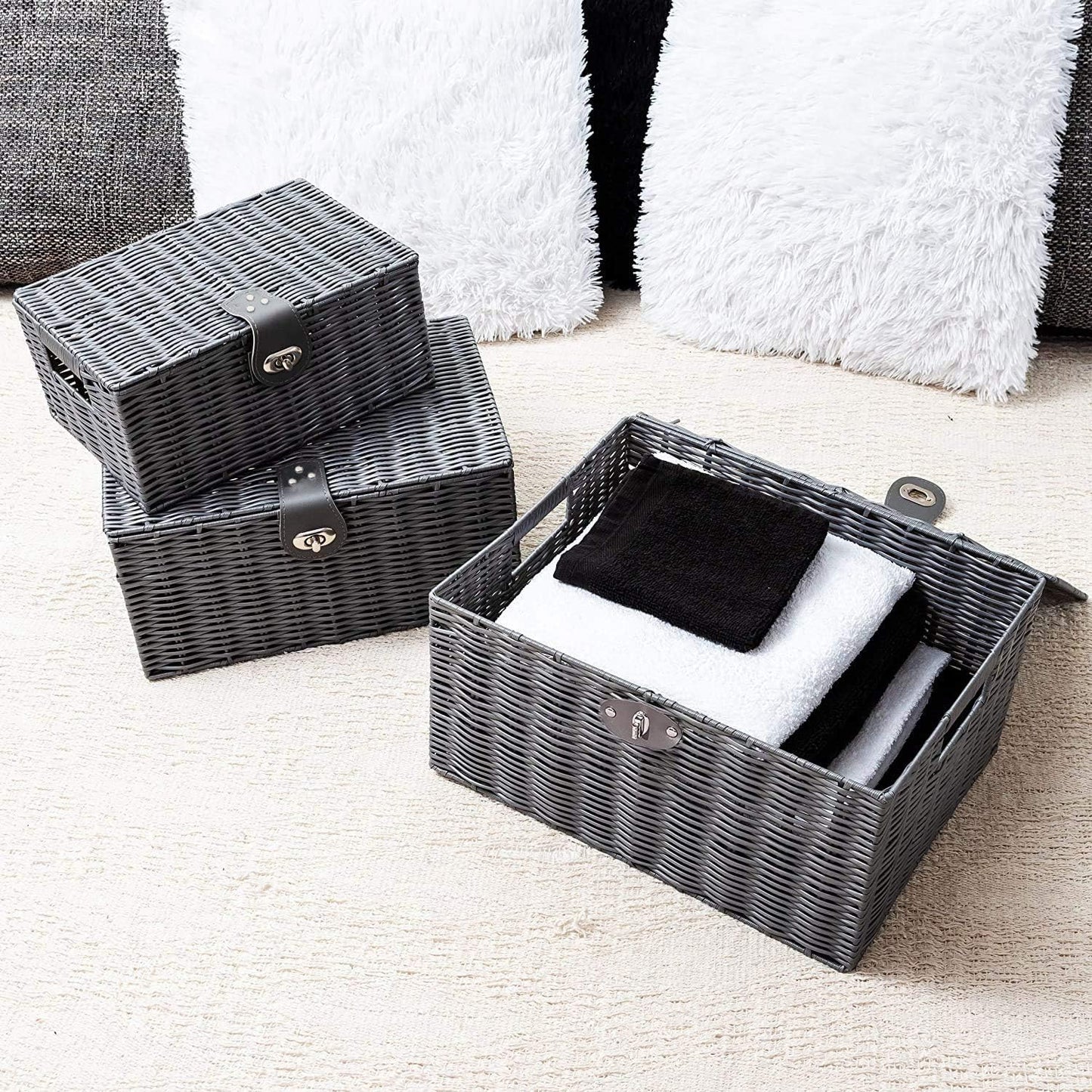 Woven Wicker Storage Basket Box / Grey / Set of 3