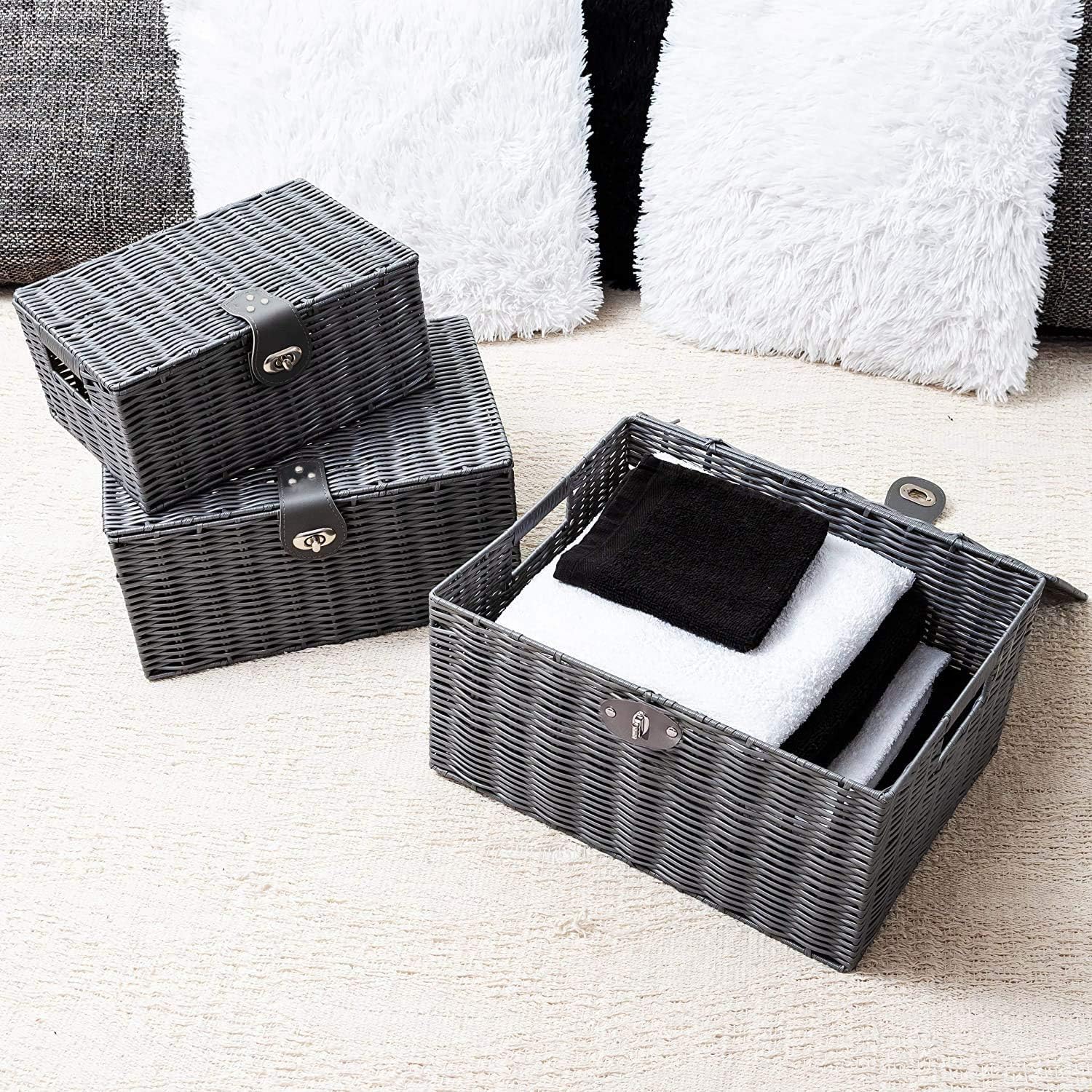 Woven Wicker Storage Basket Box / Grey / Set of 3