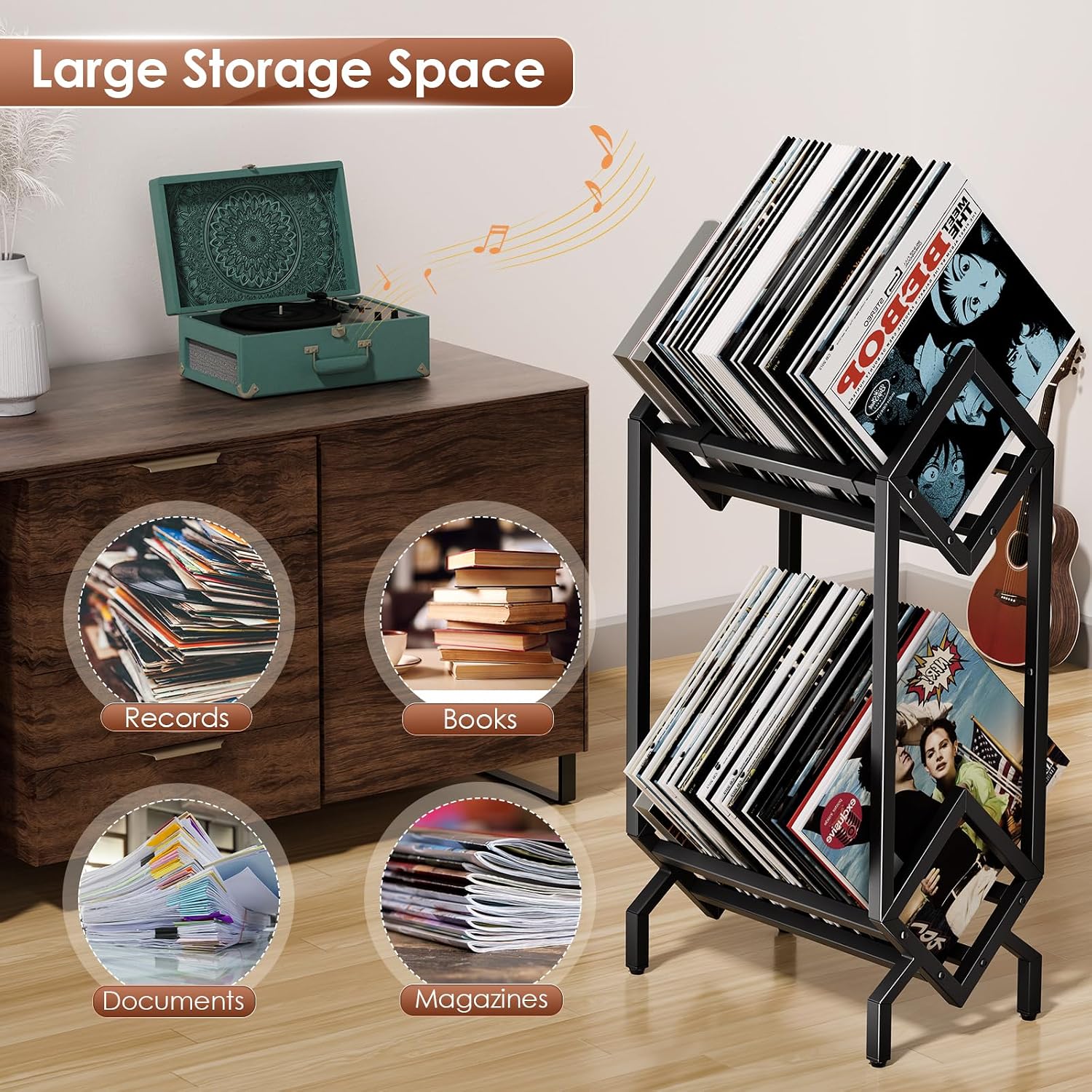 Vinyl Record Storage Rack, Record Holder 160-200 LP Storage Shelf Display Stand for Albums Books Magazines Files, Matte