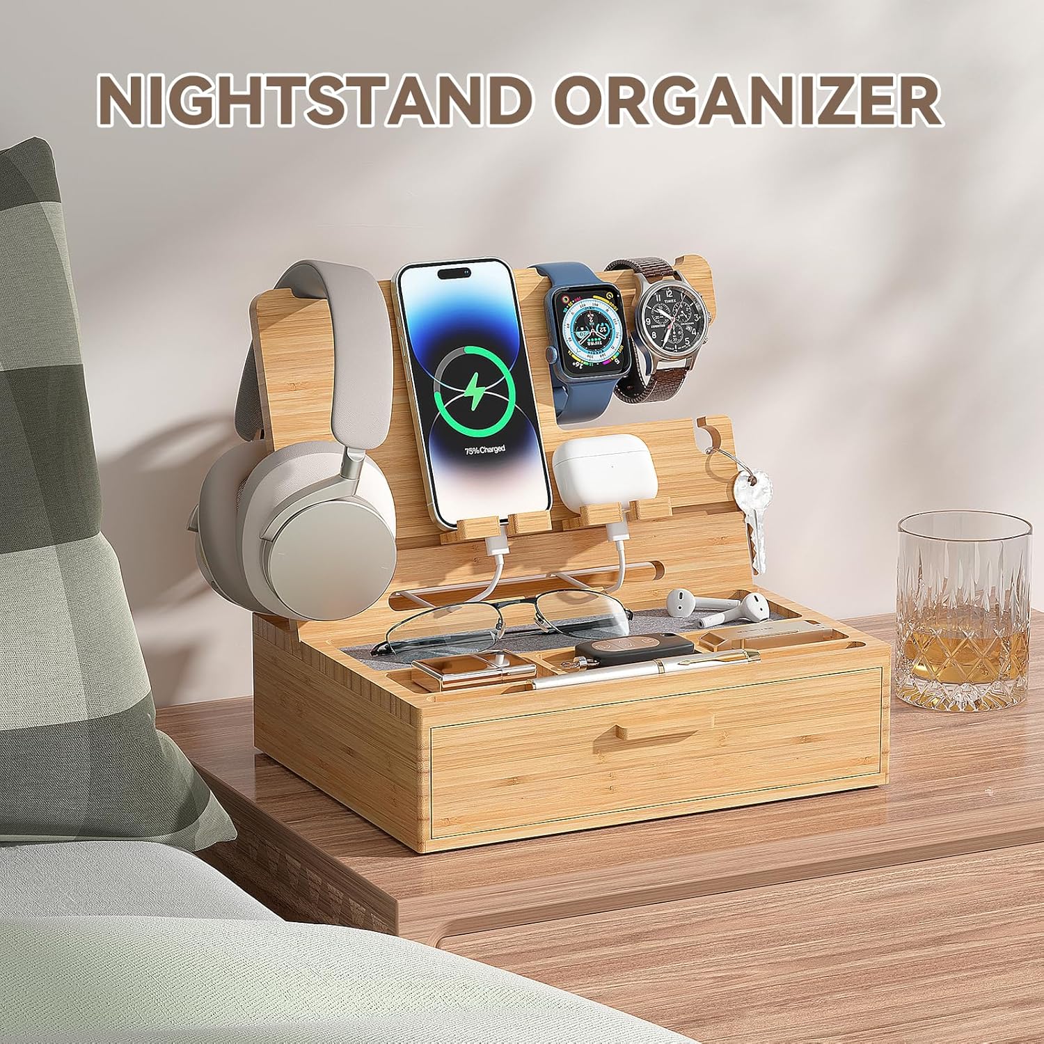 Pezin&Hulin Docking Station with Drawer, Nightstand Organizer (Nature) | Desk Organizer for Phones, Watch, Keys