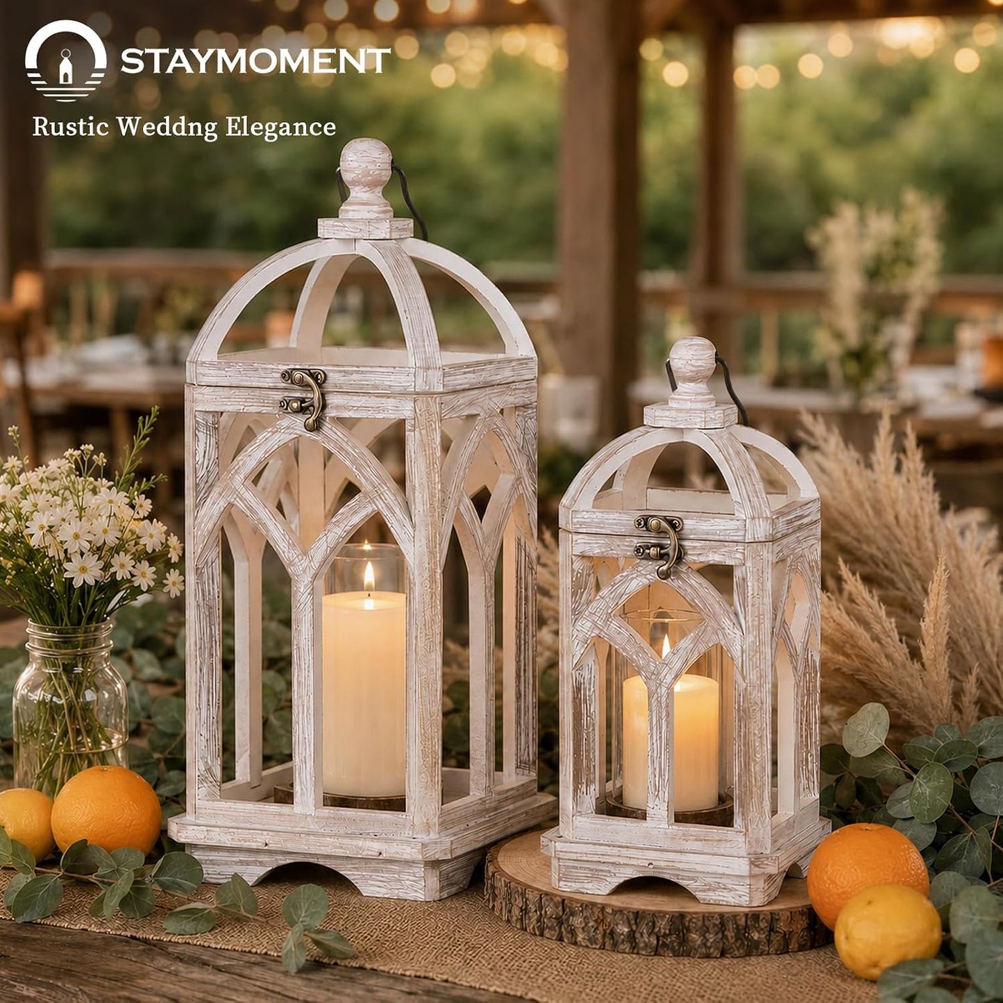 Farmhouse Lantern Decorative Indoor, White Wood Candle Holder | Wash White Hanging Lanterns, 15" & 11" Set of 2, Fall
