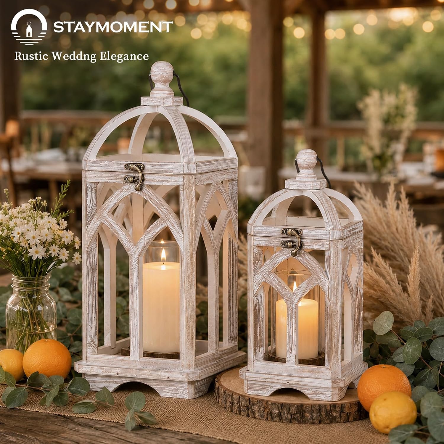 Farmhouse Lantern Decorative Indoor, White Wood Candle Holder | Wash White Hanging Lanterns, 15" & 11" Set of 2, Fall