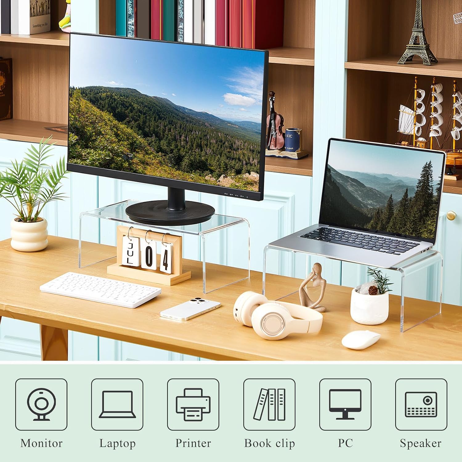 RattanView 2 Pcs 18 Inch Large Acrylic Risers Display Stands 8 mm Thick Acrylic Shelf Riser Showcase for Monitors Large