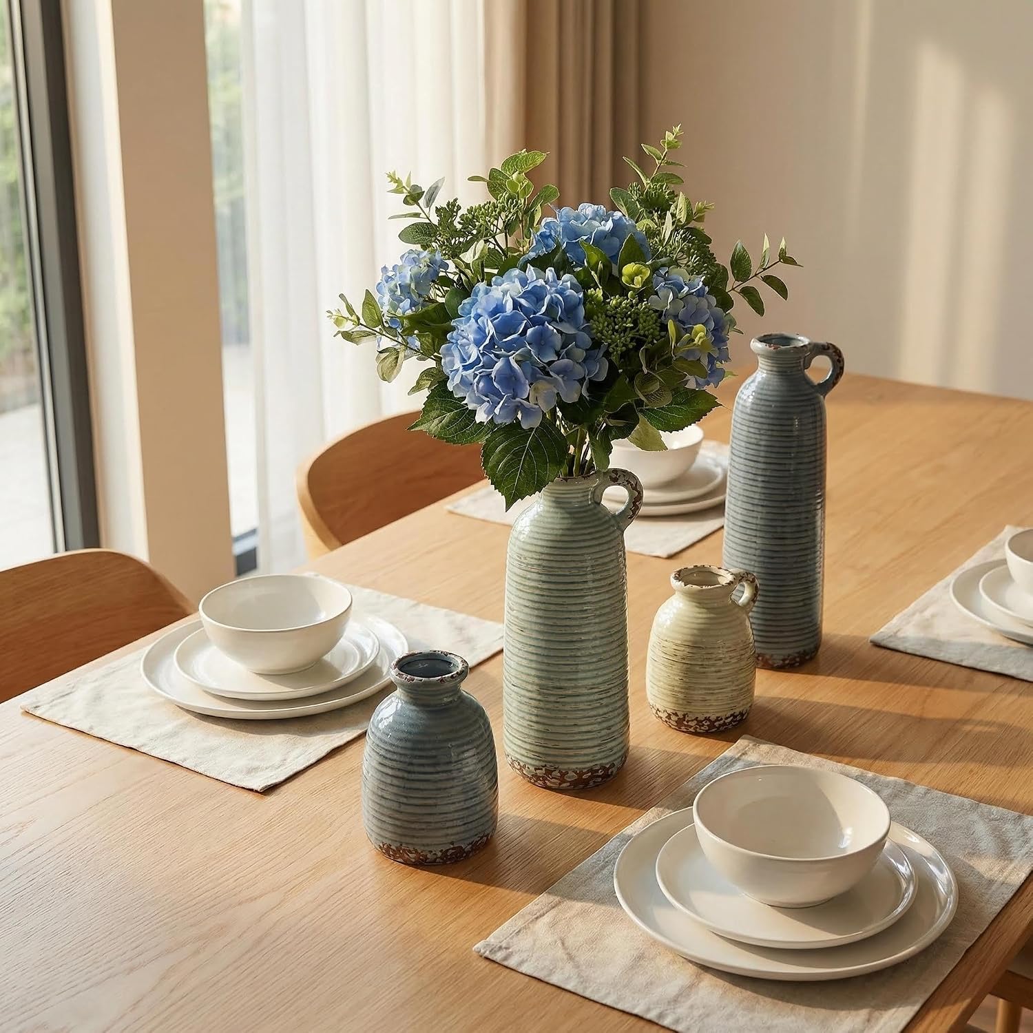 Ceramic Vase / Blue Neutral Rustic Modern Farmhouse Boho Decor / Handle-gray Blue Green / Set of 3