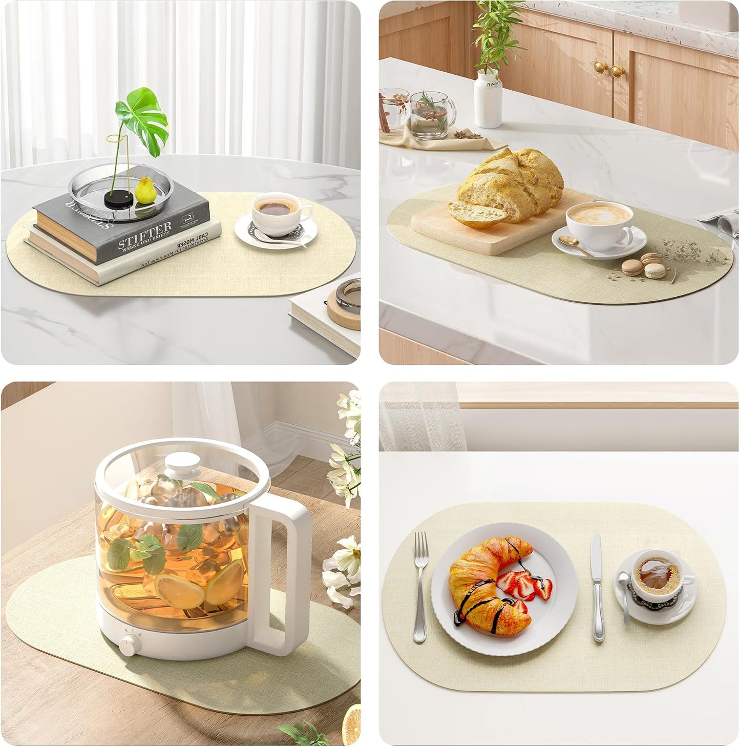 DOLOPL Oval Placemats Set of 6, Beige Faux Leather Place Mats, Large | Large Size 13.8" x 21.6", Reversible, Wipeable &