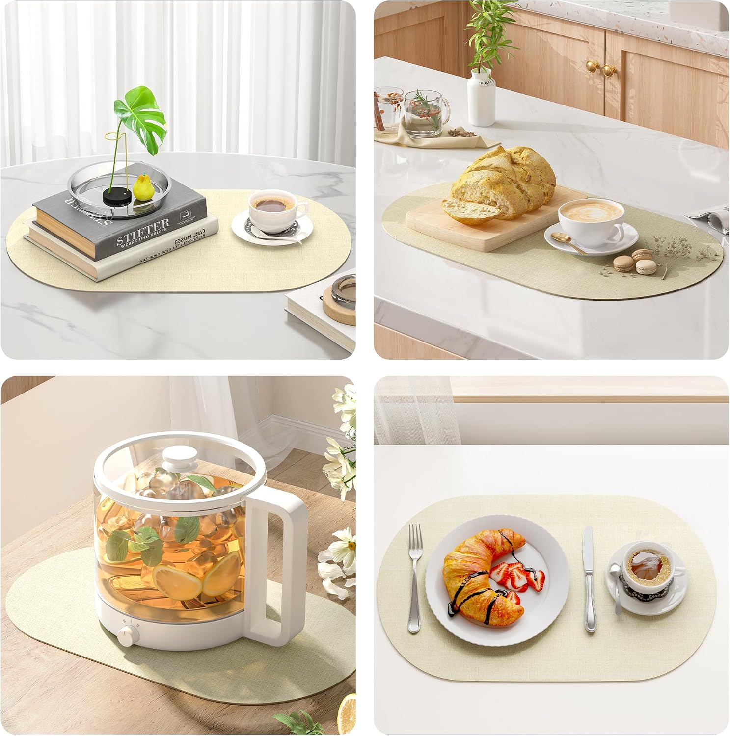 DOLOPL Oval Placemats Set of 6, Beige Faux Leather Place Mats, Large | Large Size 13.8" x 21.6", Reversible, Wipeable &