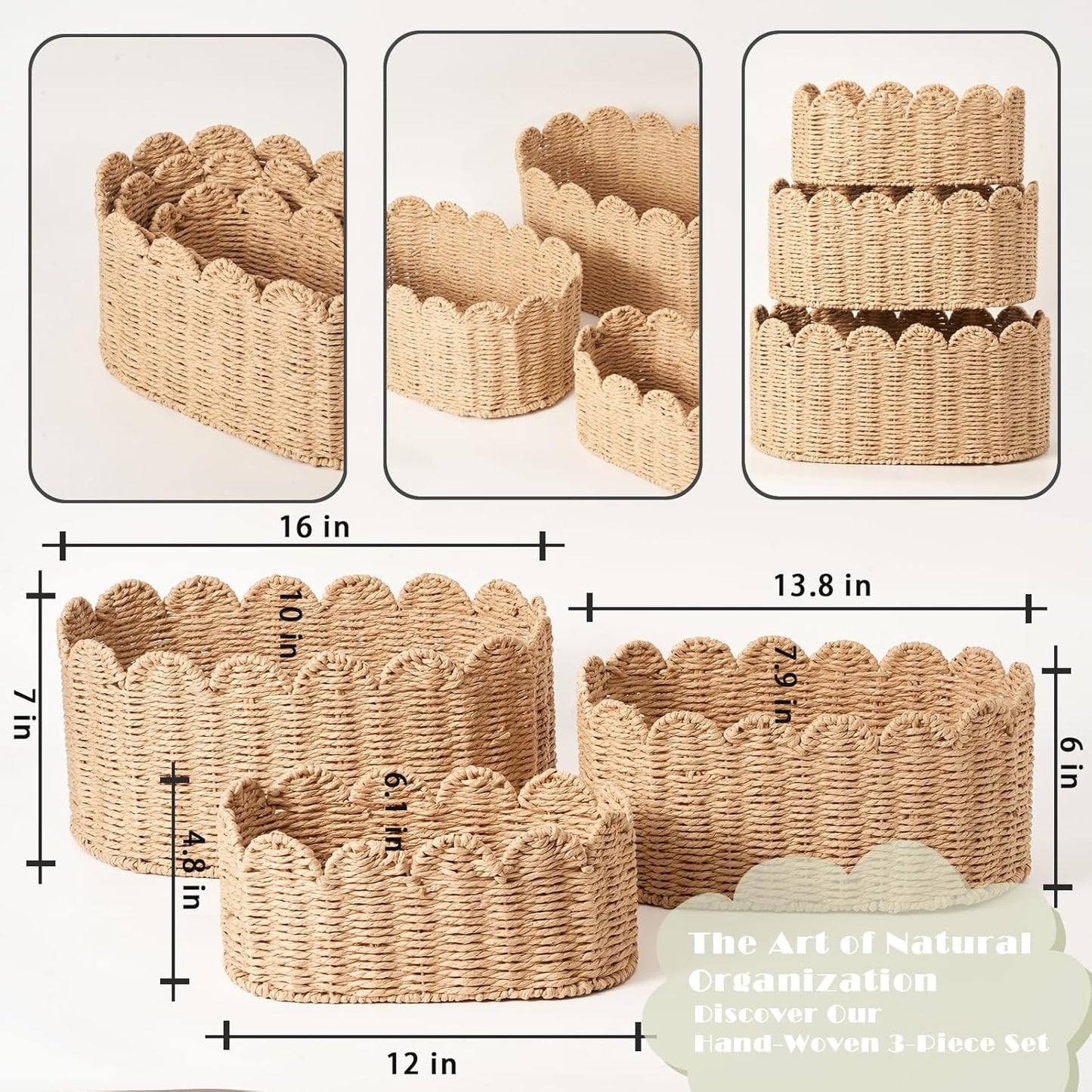 Scalloped Basket / Wicker Storage Baskets / Set of 3