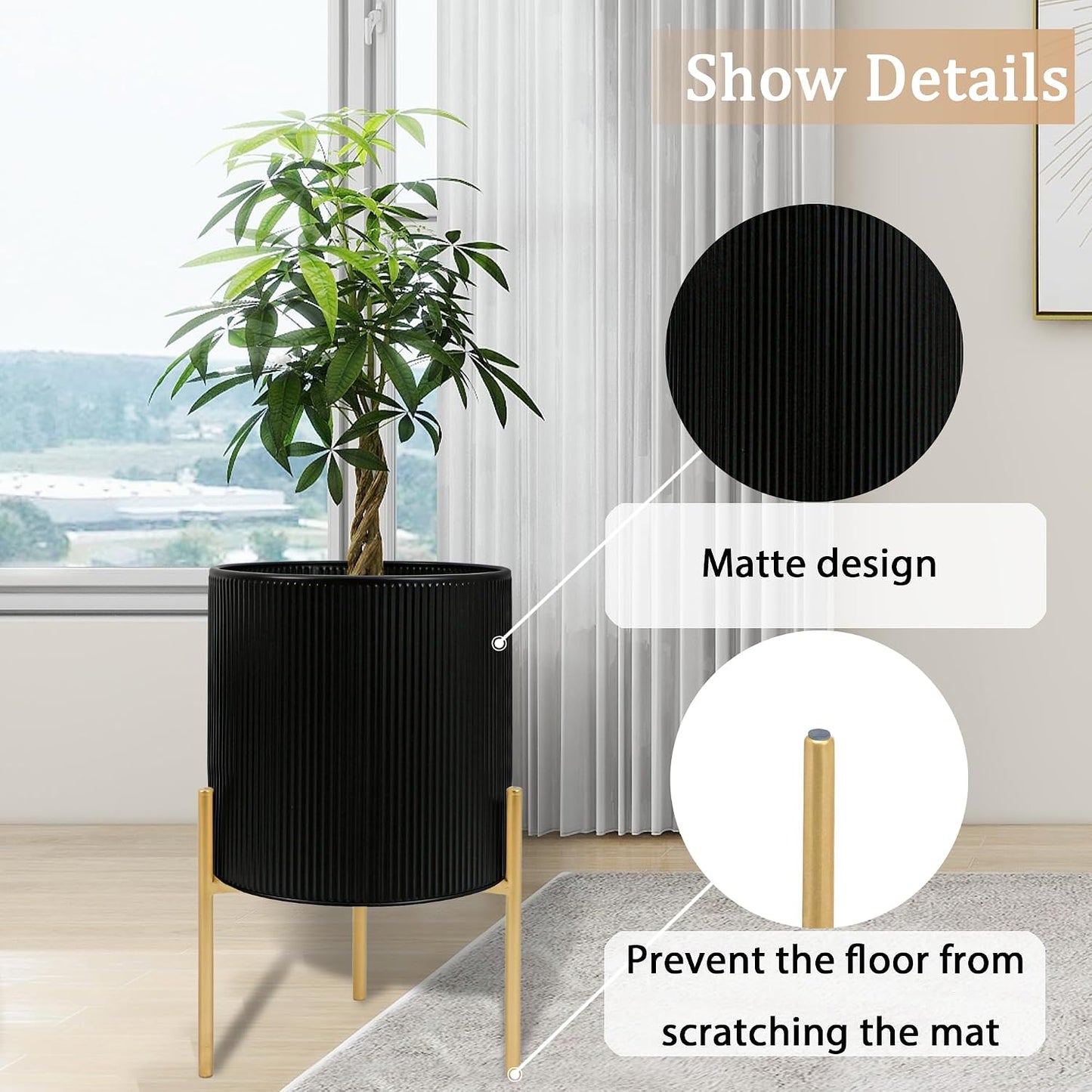 ARNIS Modern Plant Pots, Set of 2 Round Large Planters with Stand, Large Size Metal Pots with Drainage Holes for Living