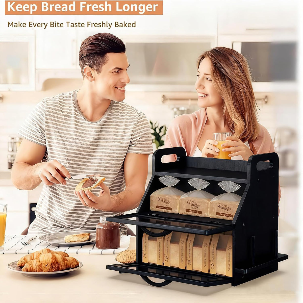 BAMBANG Bread Box for Kitchen Countertop, Extra Large Double Layer Bamboo Breadbox with Clear Window, Farmhouse Wooden