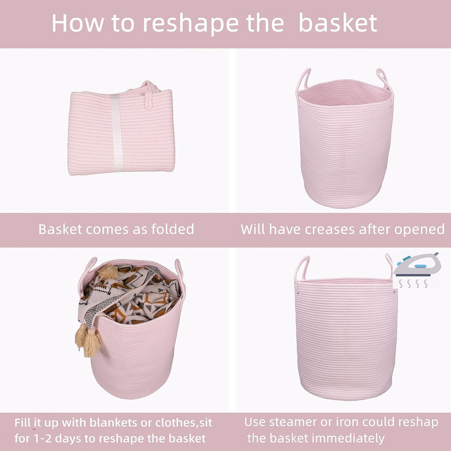 Cotton Rope Laundry Basket Hamper for Clothes Woven Storage Basket / Large / Pink