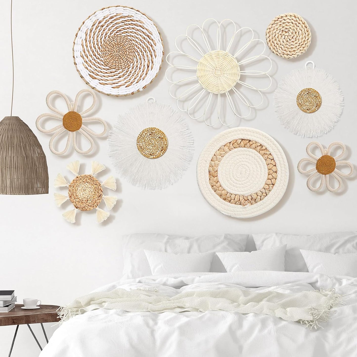 Boho Nursery Wall Decor Daisy Flower Woven Macrame Seagrass Rattan Basket Wall / White / Set of 9