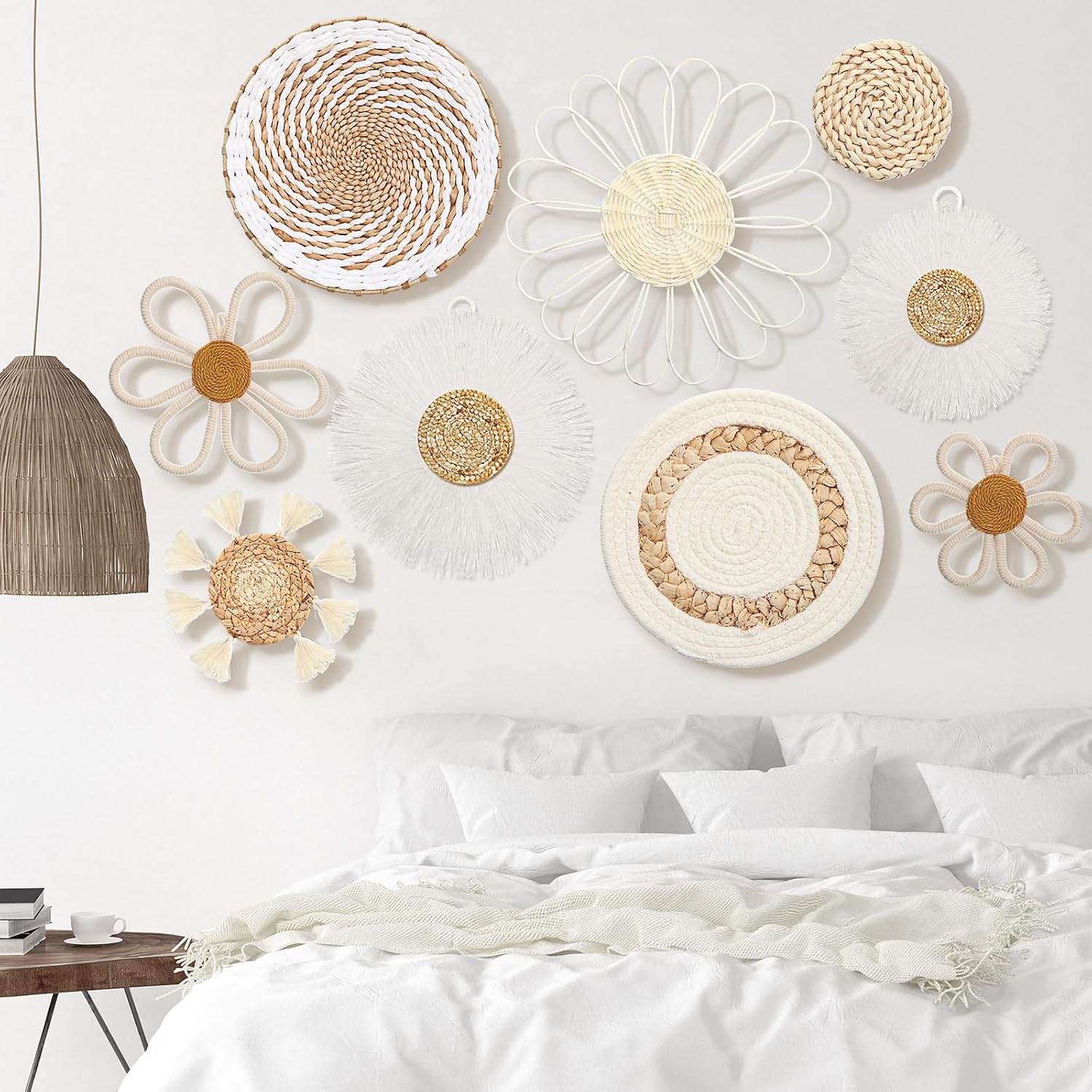 Boho Nursery Wall Decor Daisy Flower Woven Macrame Seagrass Rattan Basket Wall / White / Set of 9