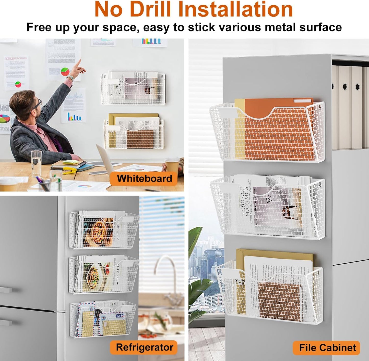 MFTEK Magnetic File Holder, 3 Pockets Wall File Folders Holder No Drilling Magnetic Paper Mail Organizer Magazine
