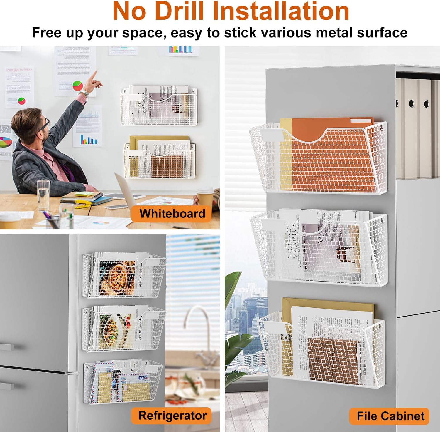 MFTEK Magnetic File Holder, 3 Pockets Wall File Folders Holder No Drilling Magnetic Paper Mail Organizer Magazine