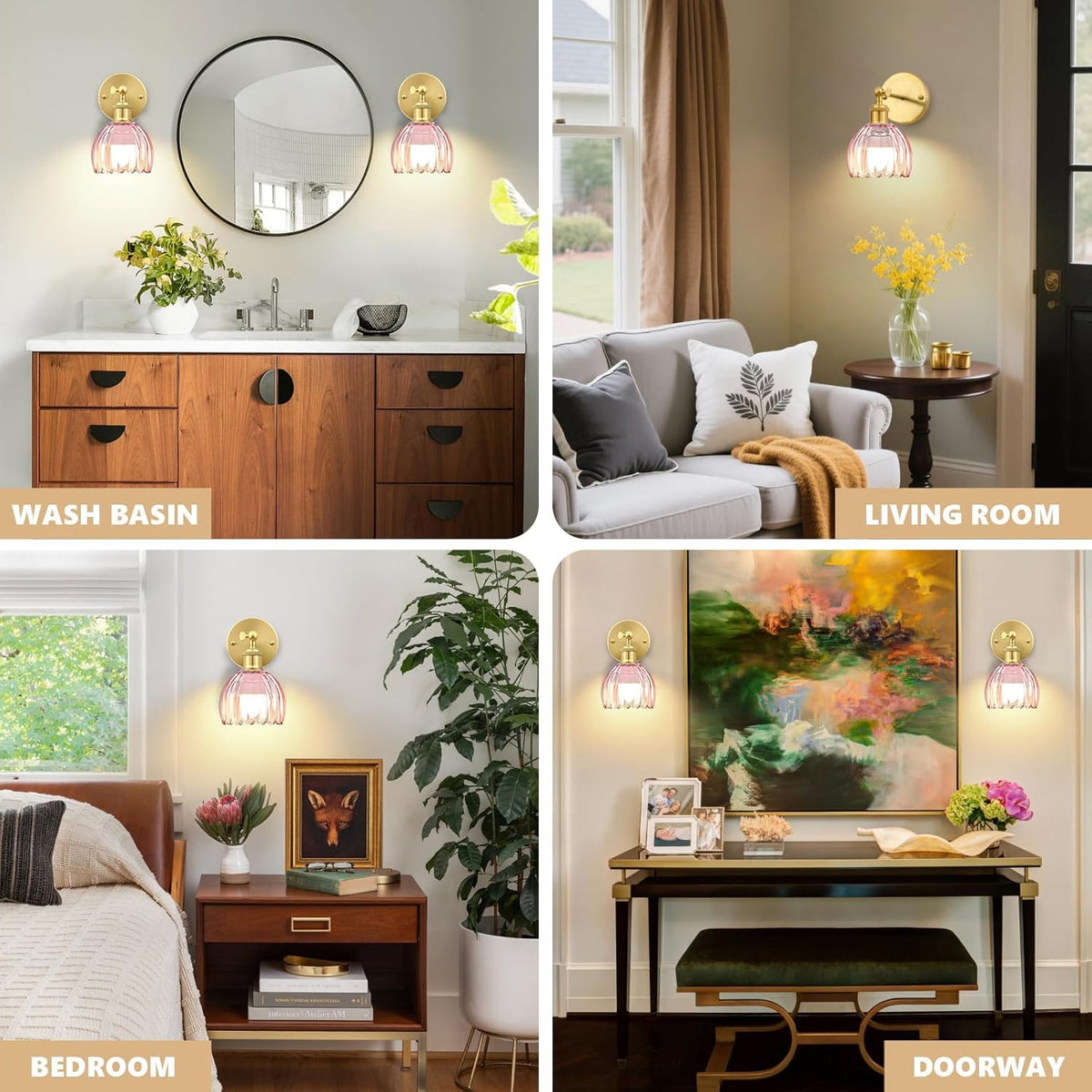 Vintage Battery Operated Wall Sconce, Pink Tulip Glass Lampshade Wireless Rechargeable Battery Powered LED Wall Light
