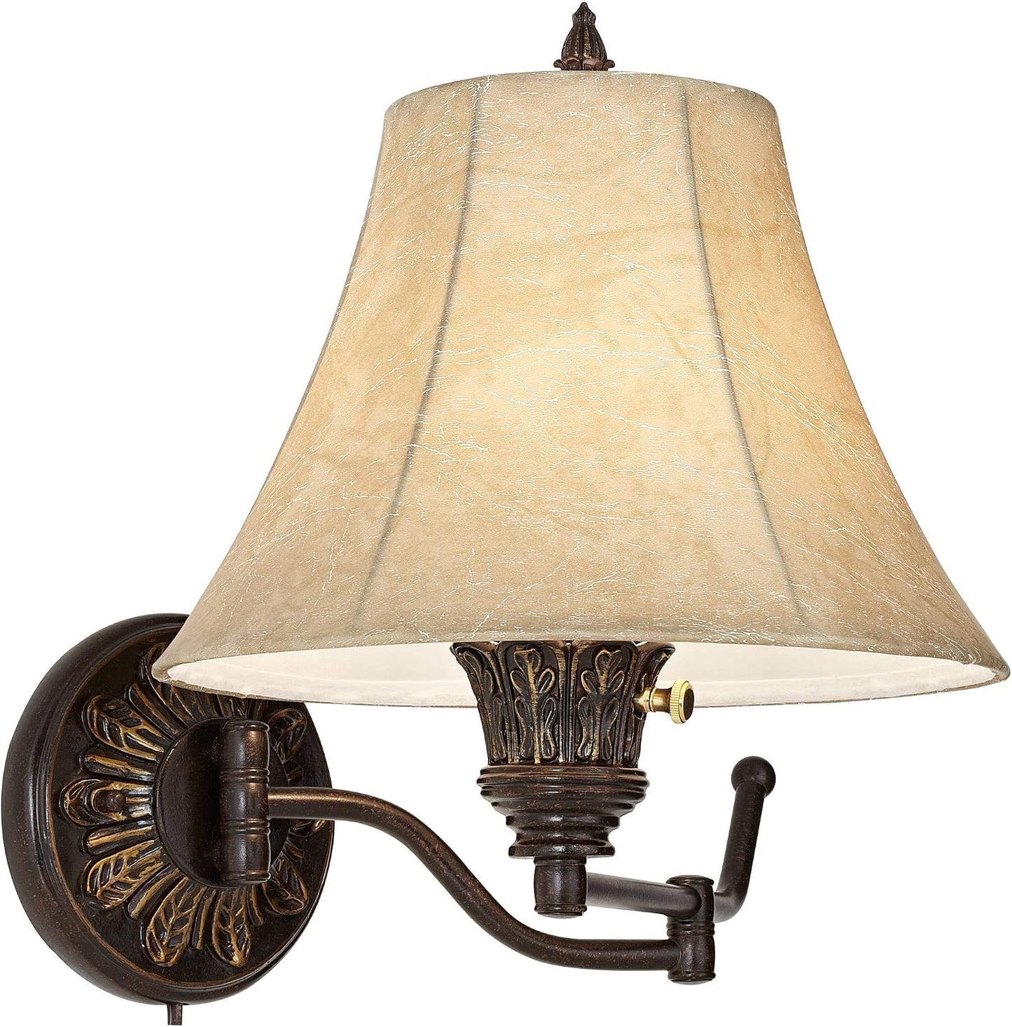 Rosslyn Bronze Plug-In Swing Arm Wall Lamps Set of 2 Rustic Light Fixture | French Country Faux Leather Bell Shade for