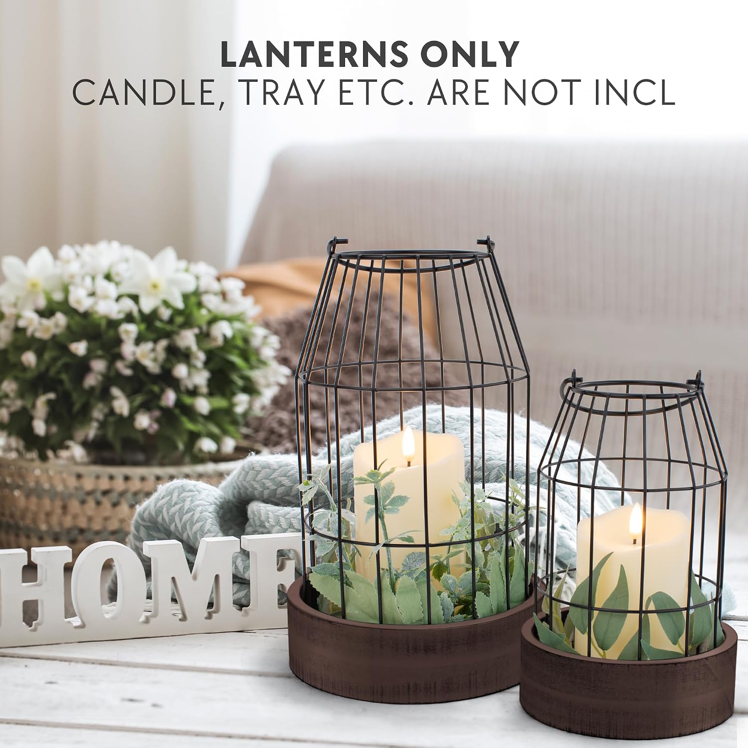 Rustic Farmhouse Lantern Decor Set of 2 - Stylish Decorative Lanterns | Modern Indoor/outdoor Coffee Table Decor for