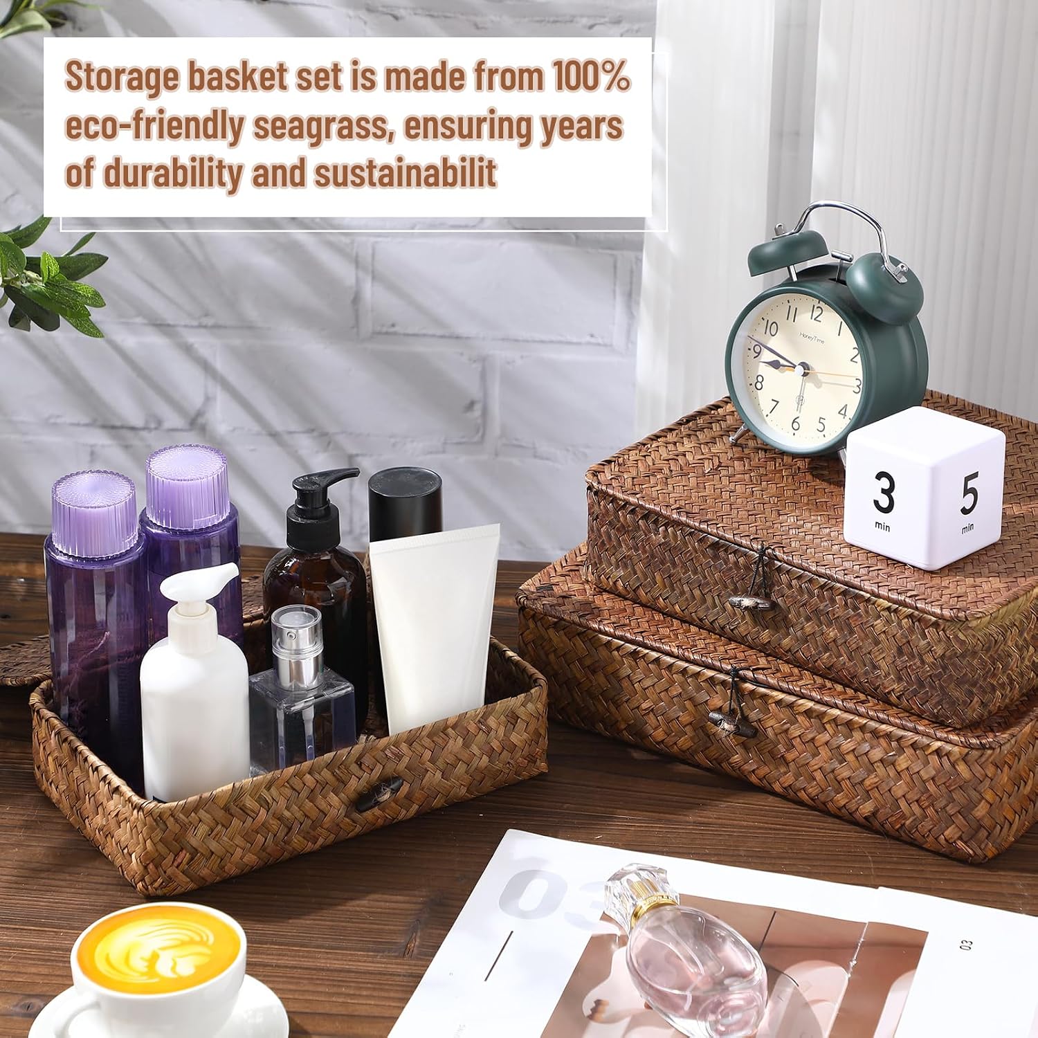 Seagrass Basket / Lid Wicker Storage Basket Decorative Storage Boxes / Dark Brown / Set of 4