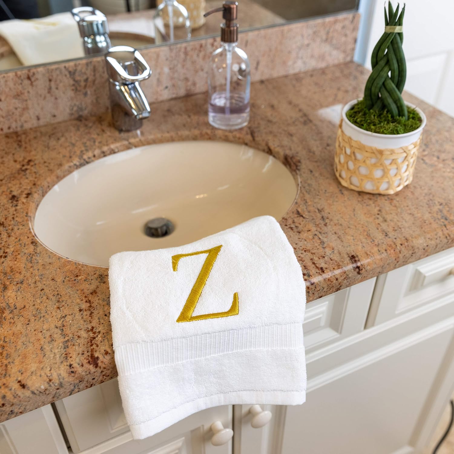 White with Gold Monogrammed Hand Towels for Bathroom - Set of 2 Letter Z | Luxury Hotel Quality Initial Towels For