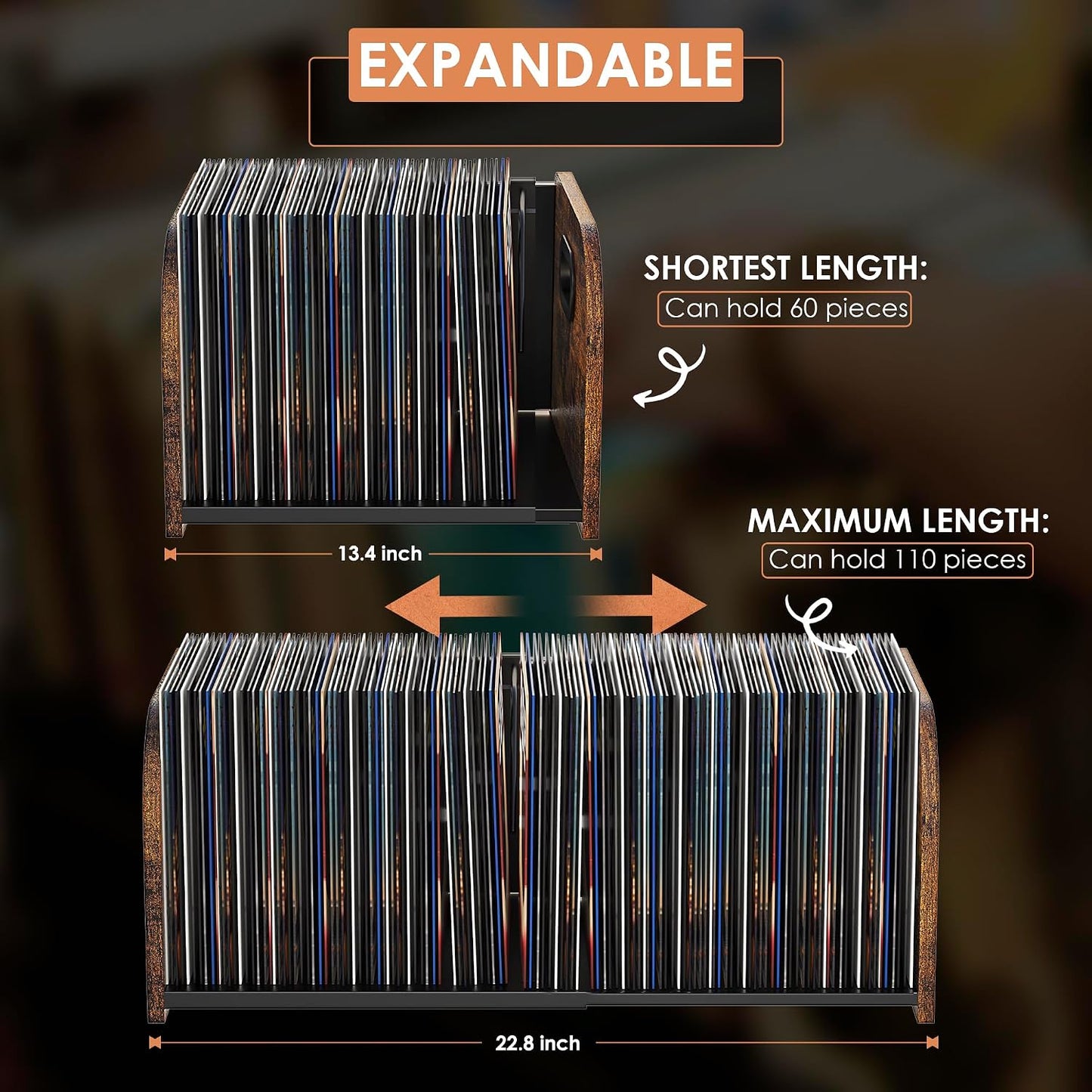 RUILALIFE Vinyl Record Storage Holder, Expandable Record Holder Rack With Movable Divider, 110 LP Album Display Shelf