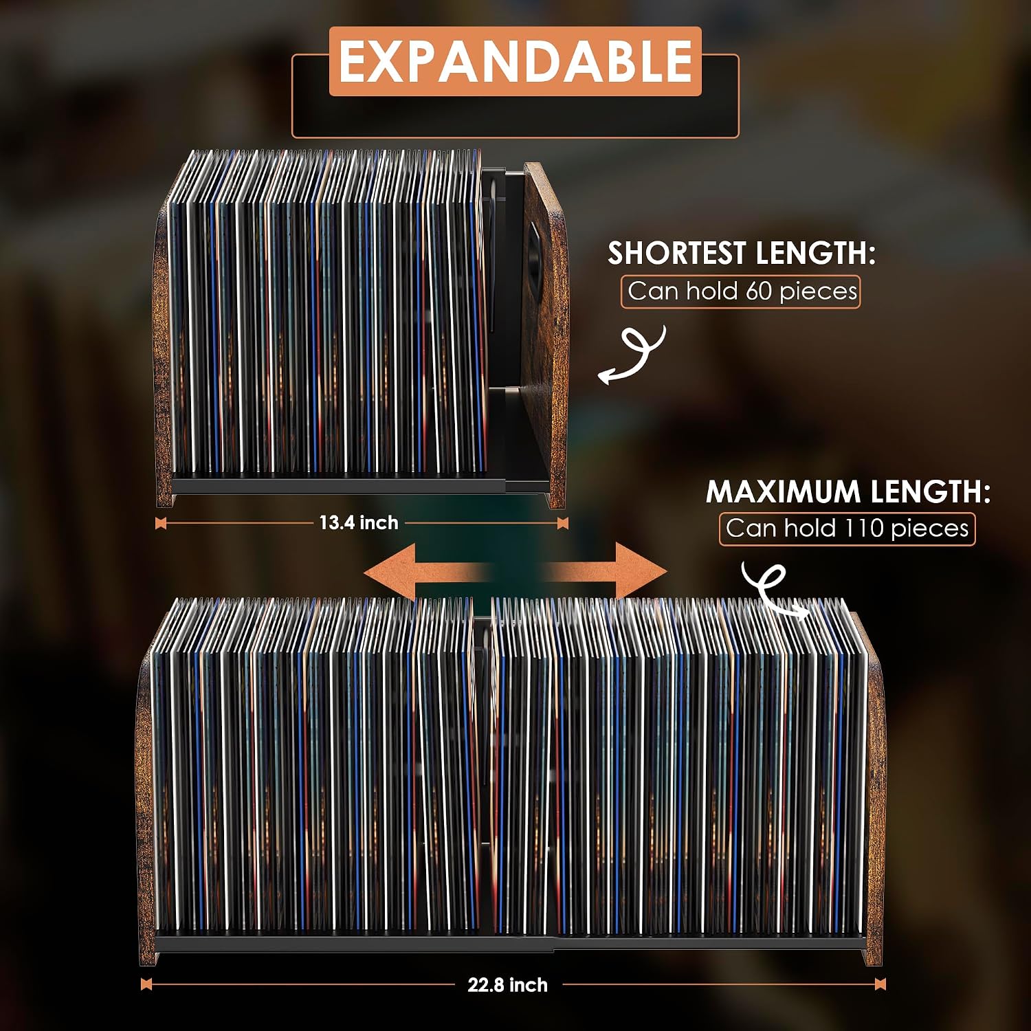 RUILALIFE Vinyl Record Storage Holder, Expandable Record Holder Rack With Movable Divider, 110 LP Album Display Shelf