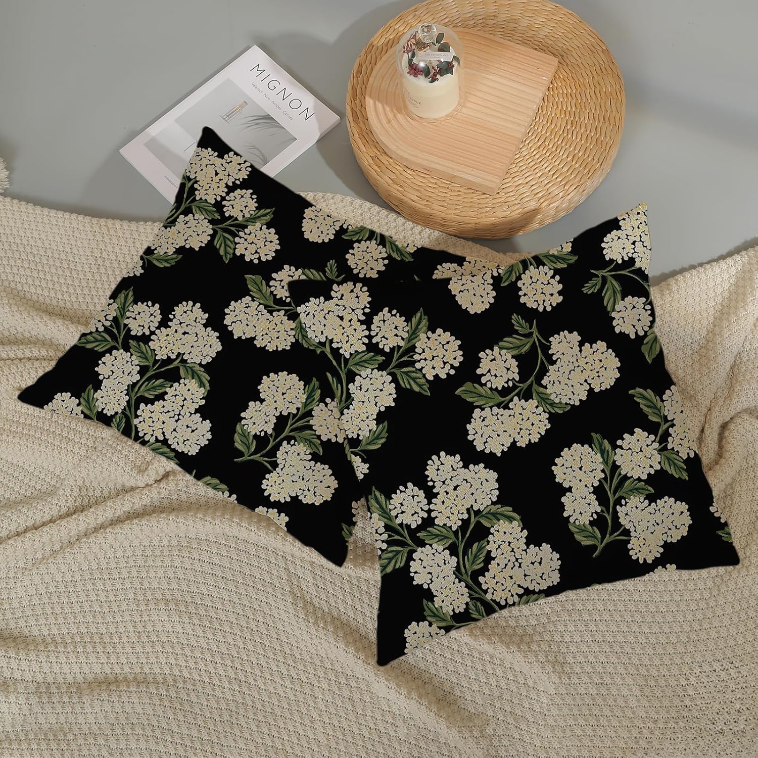 Black Spring Pillow Covers Green Hydrangea Flower Decor Throw / 18 x 18 / Black Hydrangea / Set of 2