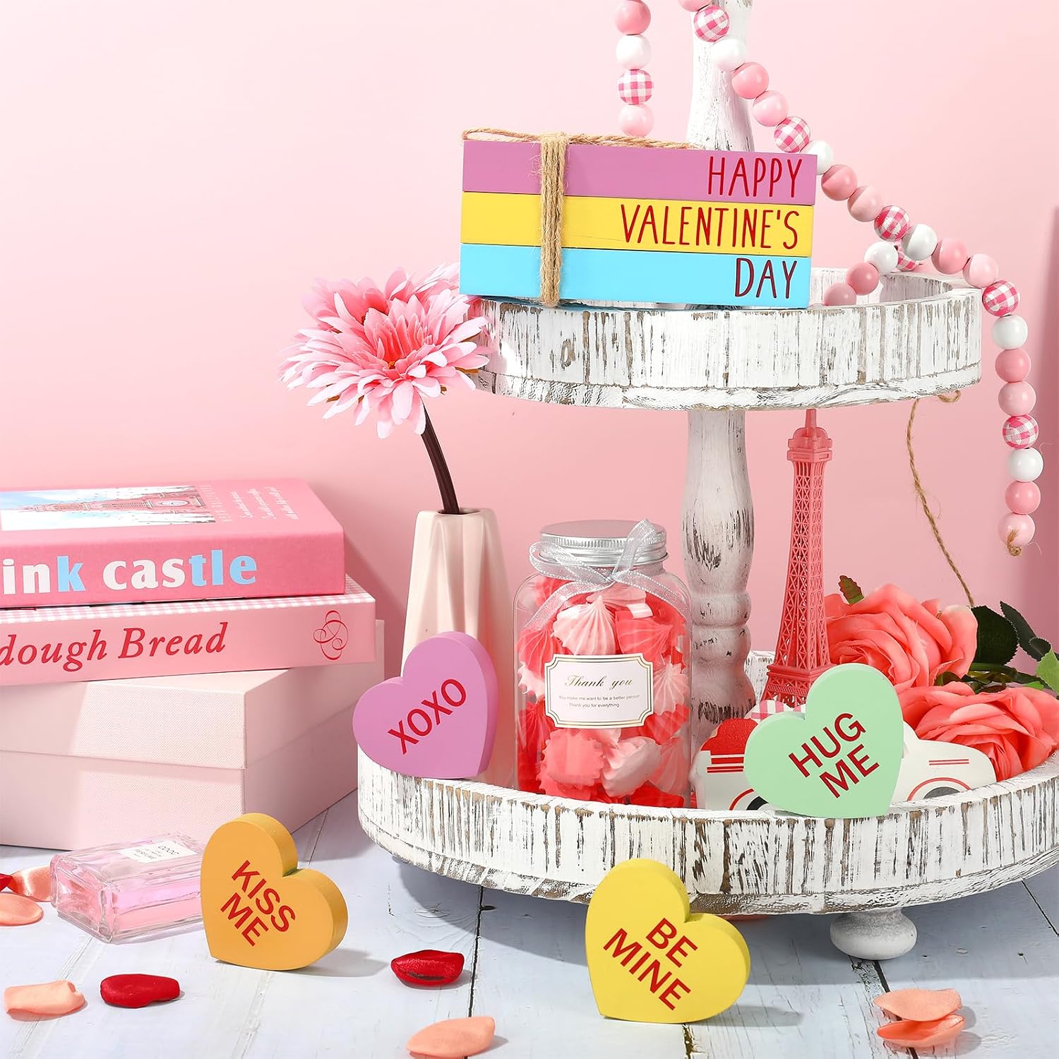Faux Stacked Books Conversation Heart Tiered Tray Decor Candy Decorative Wooden / Valentine's Day