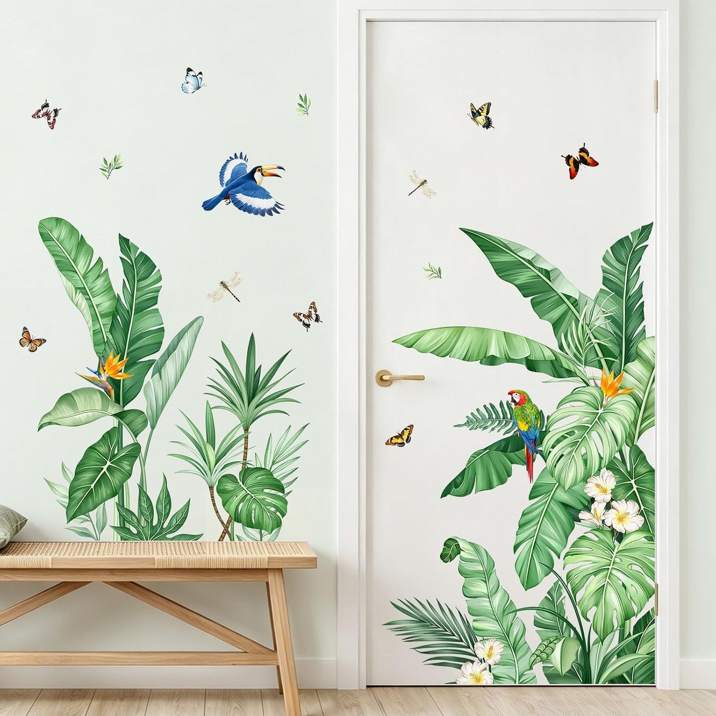 Tropical Palm Leaves Wall Decals Nature Jungle Leaf Plants Birds Wall Art Stickers / Green