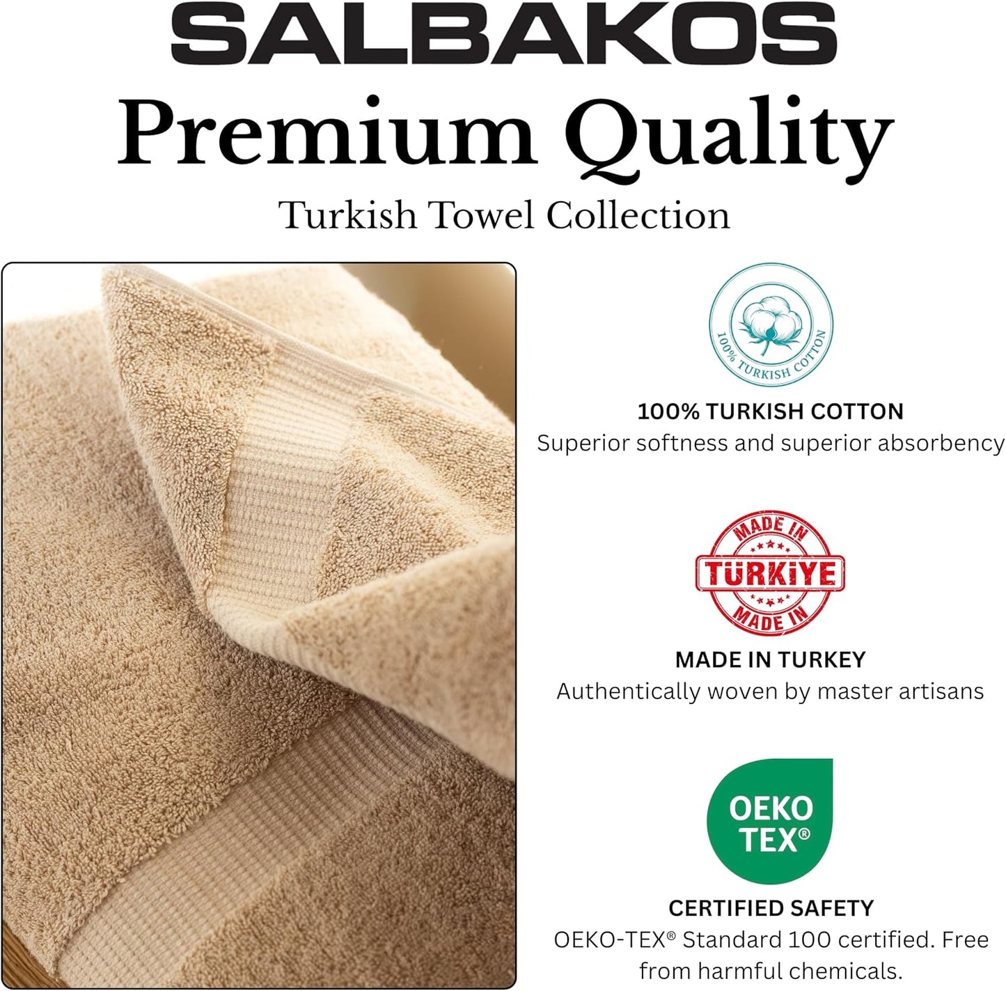 SALBAKOS 6-Piece 100% Turkish Cotton Hand Towels, 16x30 inch, Taupe | Large Size Thick Super Soft Highly Absorbent