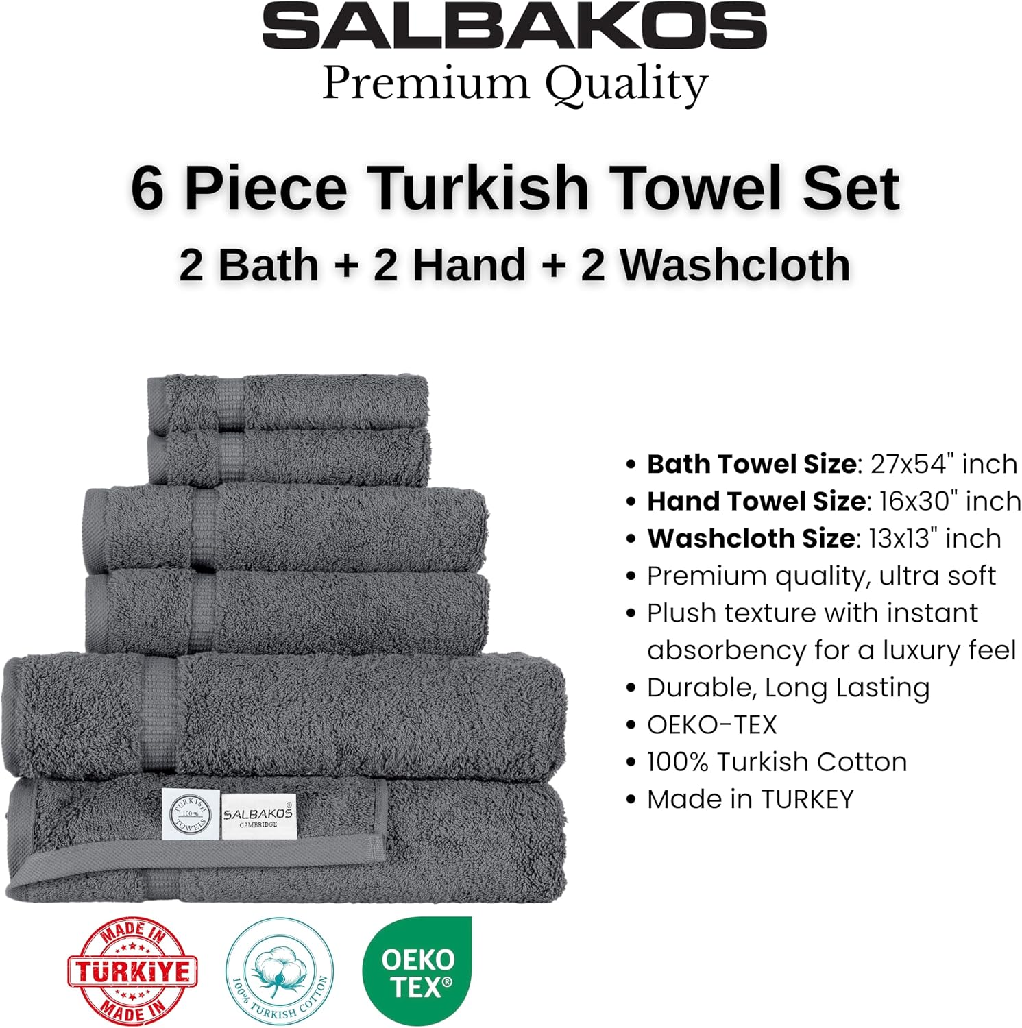 SALBAKOS 100% Turkish Cotton Bathroom Towel Set of 6-Piece, Gray | 630 Gsm Thick Super Soft Highly Absorbent 2 Bath + 2