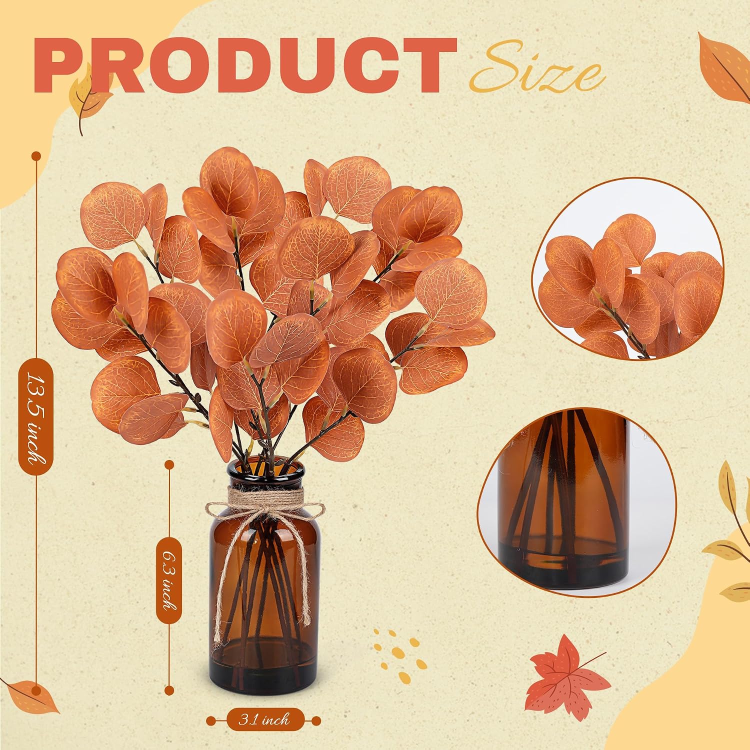 13.5" Fake Plants for Fall Bathroom Decor Autumn Artificial Eucalyptus Stems in Glass Vase / Amber