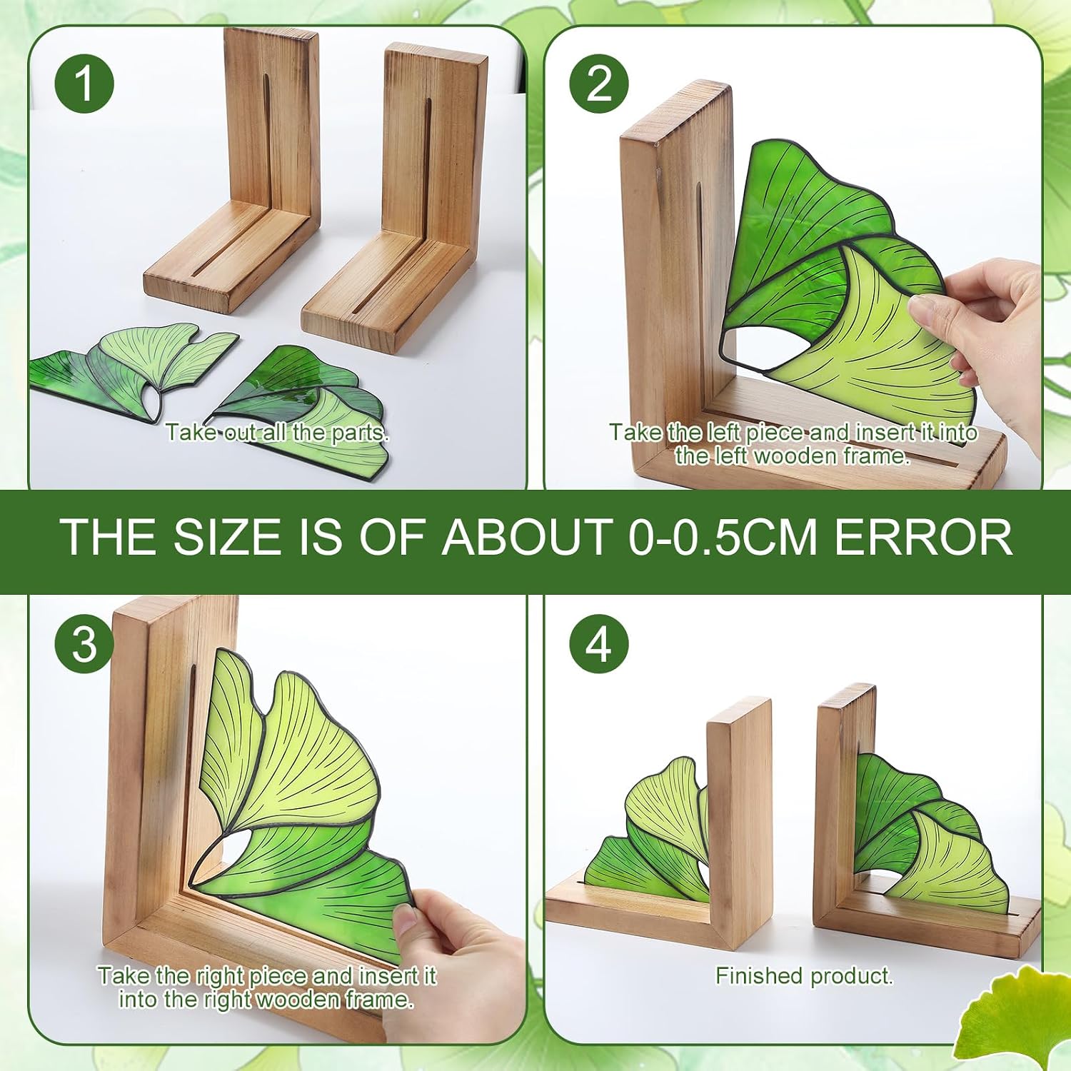 Oak Wood Base Stained Glass Novelty Bookends Organizer Book Ends / Ginkgo Leaves / Green