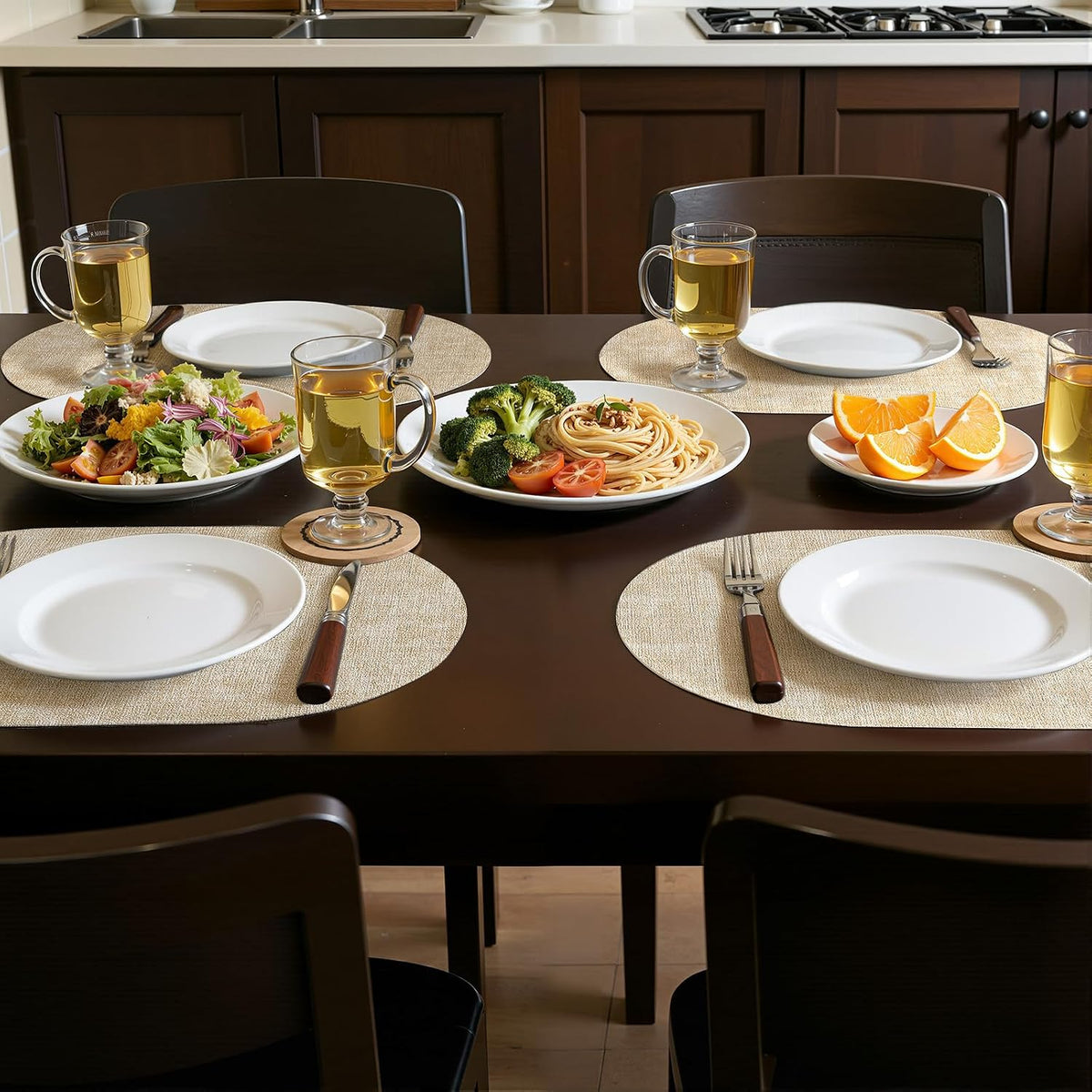 Placemats Set of 6, 11.8 x 17 Inch, Beige | Heat Resistant Oval Faux Leather Place Mats, Waterproof Wipeable Reversible