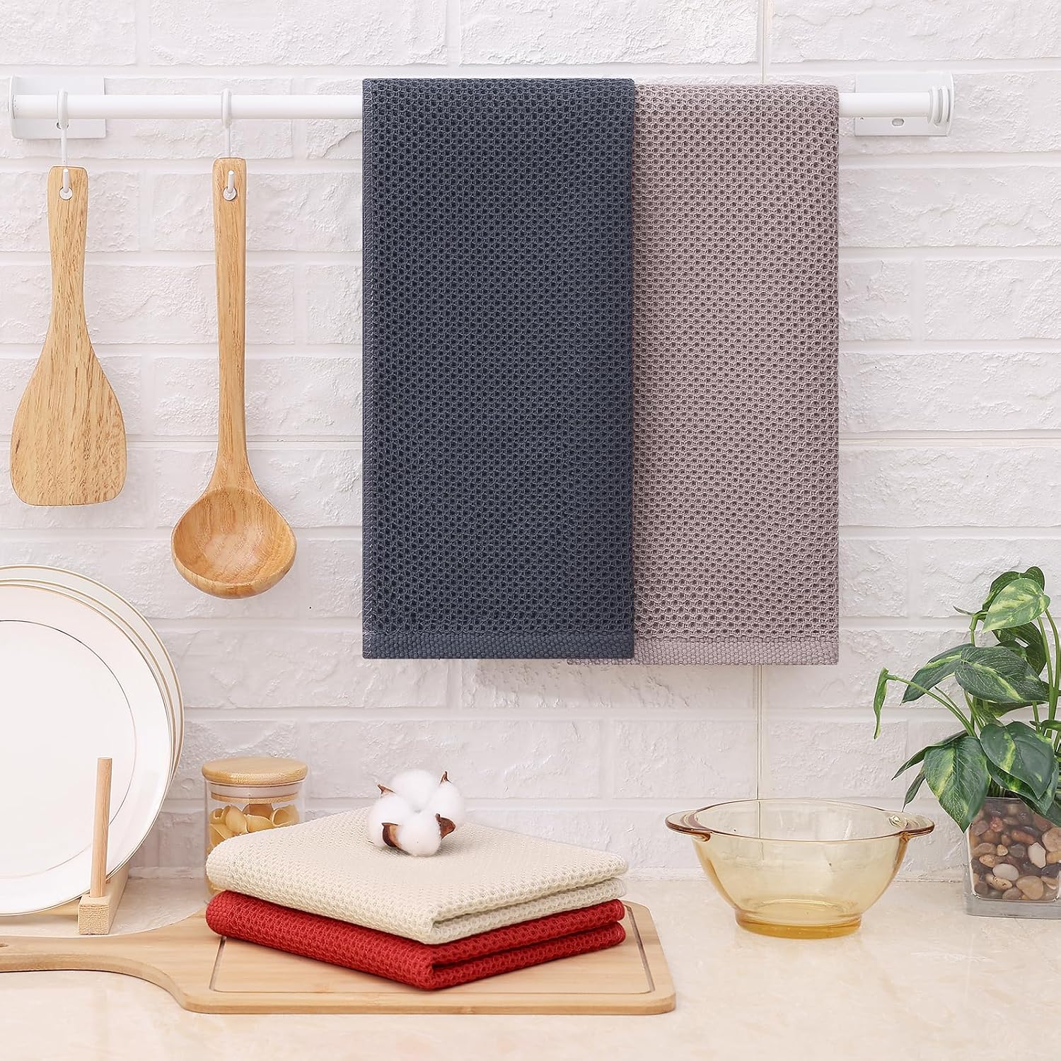 Kitinjoy 100% Cotton Waffle 8-Pack Kitchen Towels, 13" x 28", Multicolor | Super Soft, Ultra-Absorbent, Fast Drying