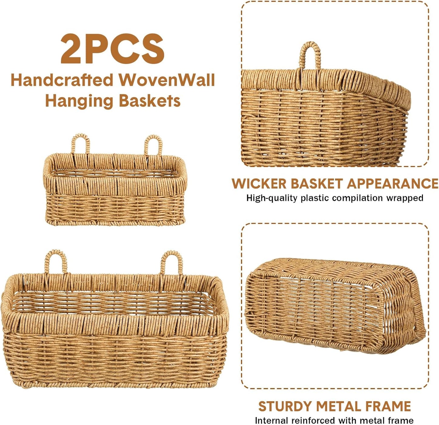 Woven Hanging Wall Baskets for Storage / Boho / Light Brown / Imitation Rattan Plastic / Set of 2
