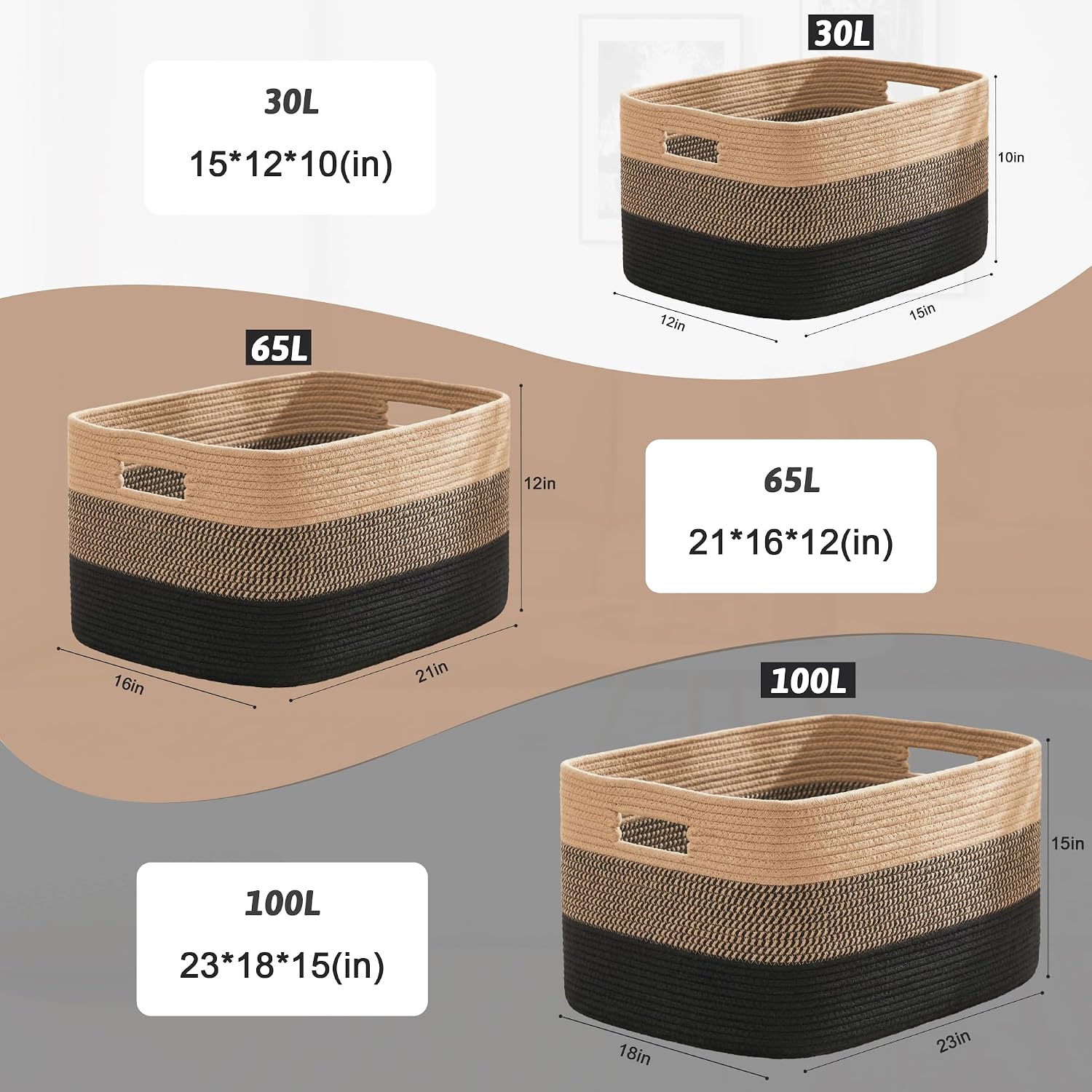 Rectangle Woven Baskets for Storage / Black&jute / 65L