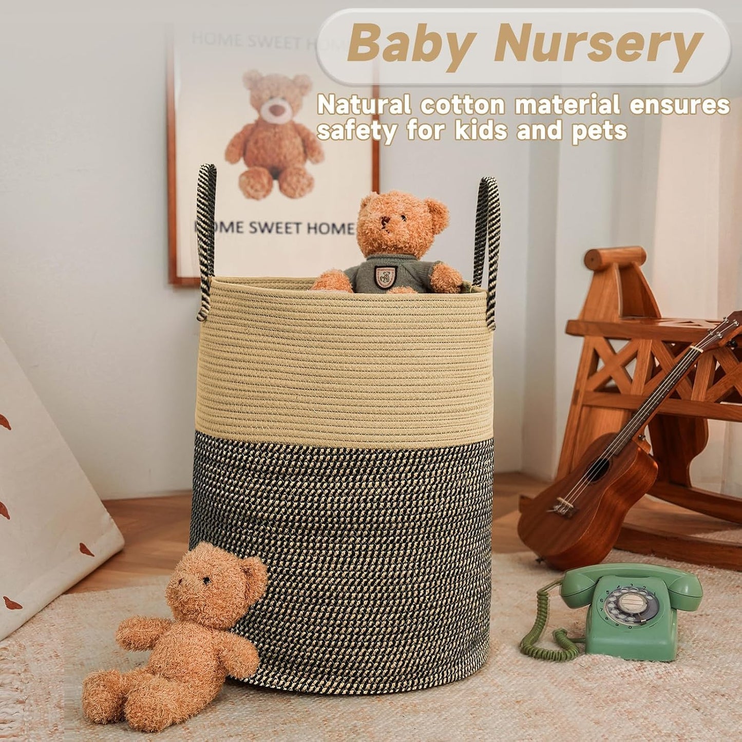 Large Woven Laundry Basket Hamper / Brown and Black / 60L