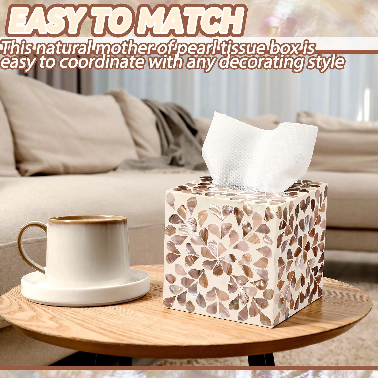 Cube Mother of Pearl Tissue Box Cover Ceramic Decorative Tissue Box Holder / Brown Floral / 5.9 Inch
