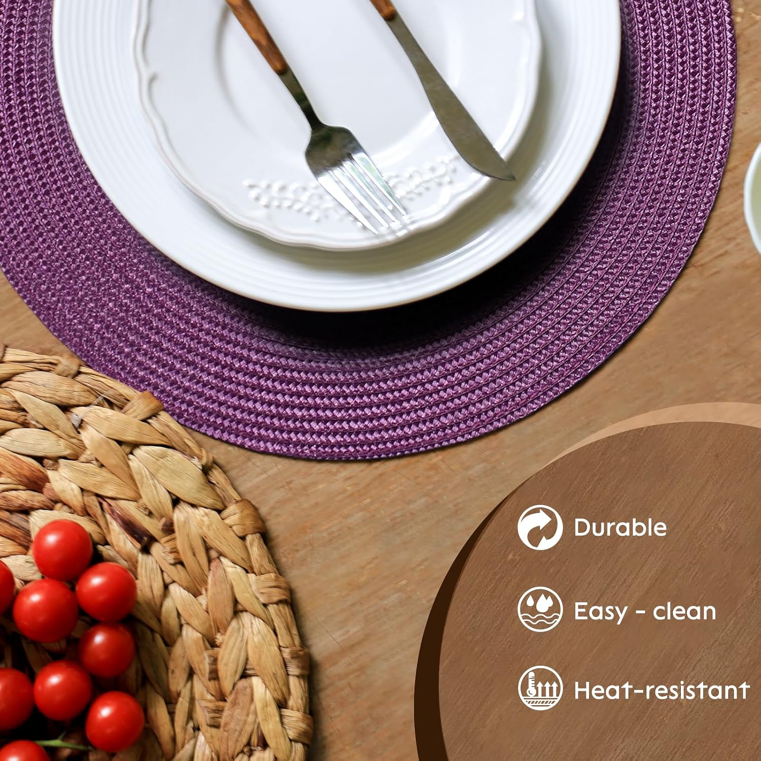 FunWheat Round Braided Placemats Set of 8 Table Mats for Dining Tables Woven Washable Non-Slip Place mats 15