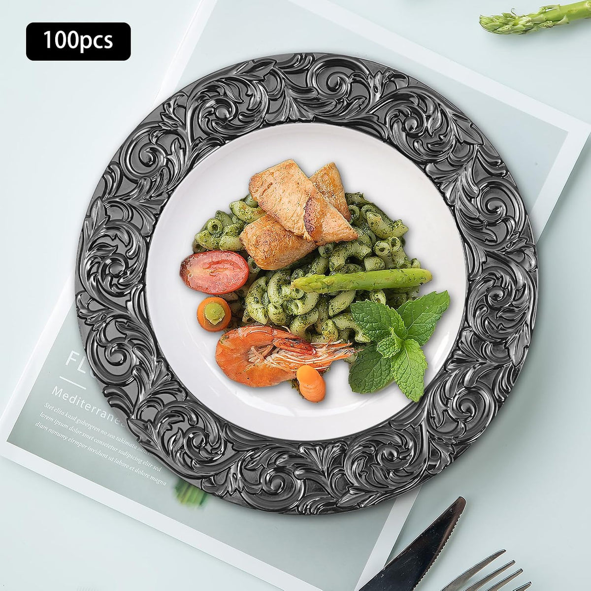 Black Charger Plates Bulk 100 Pack 13 Inch Charger Plates | Plastic Embossed Dinner Plates Reusable Round Plates for