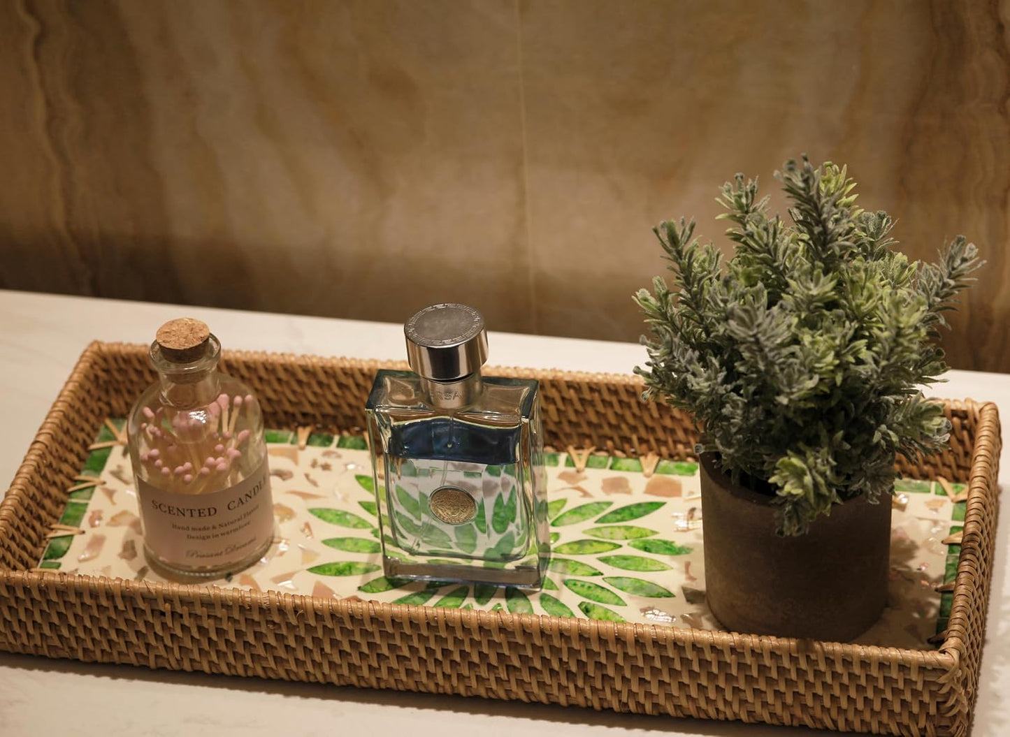 Rattan Bathroom Vanity Tray / Green Leaves / Set of 2